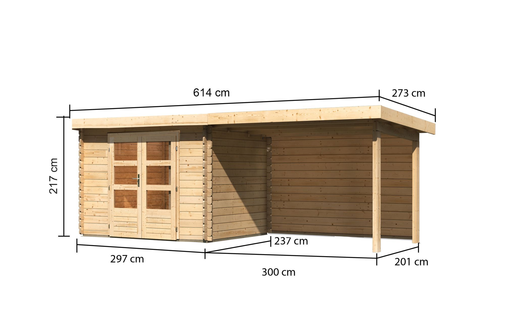 Gartenhaus Bastrup 3 (300 kg Schneelast) naturbelassen mit 3,2 m Anbaudach und Rückwand / Lagerabverkauf
