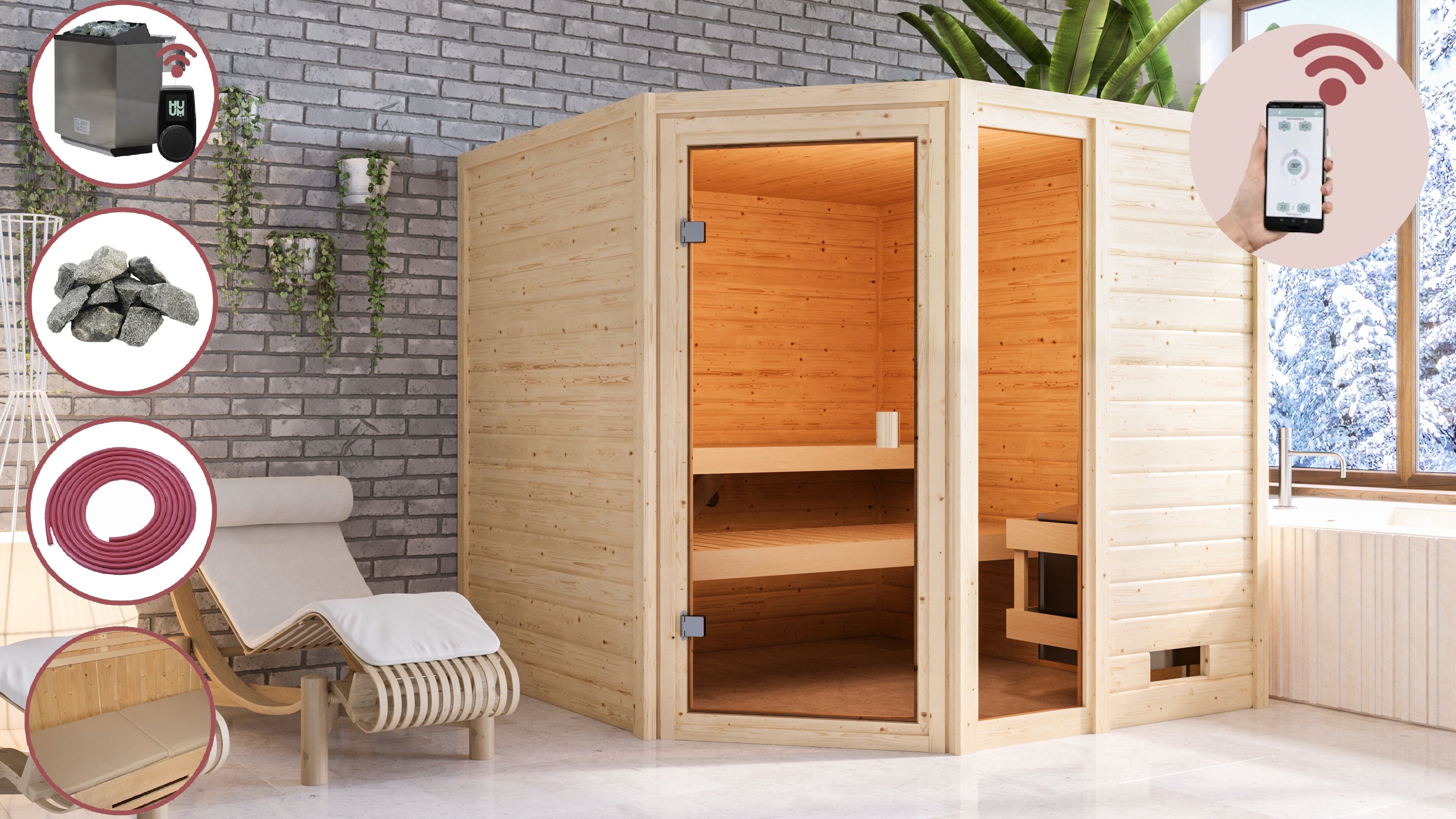 Sauna Mila 7 im Sparset / 9kW Bio-Ofen mit HUUM Wifi Steuerung