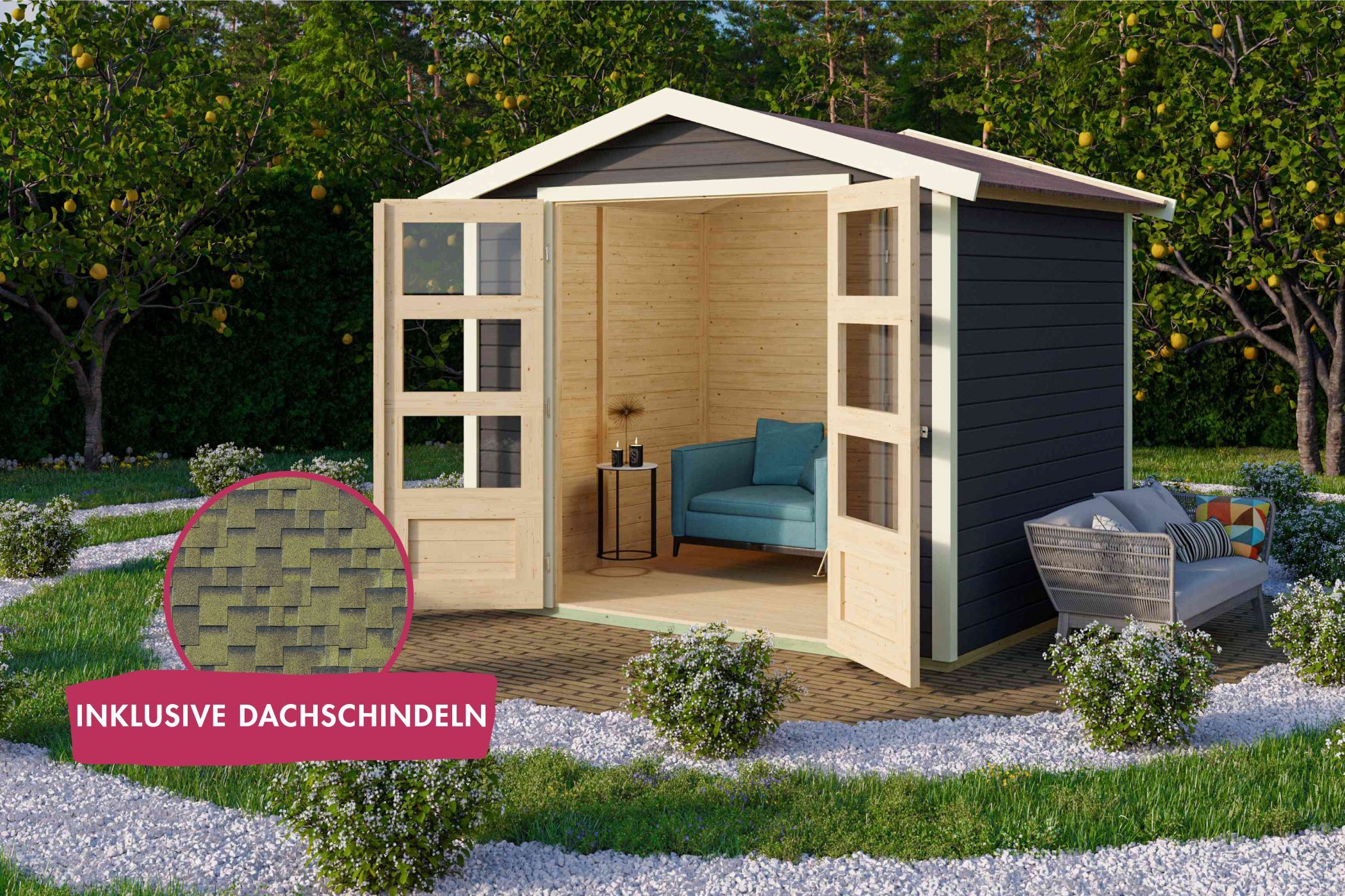 Gartenhaus Amberg 4 terragrau inkl. Dachschindeln Asymmetrisch zedernholz / Lagerabverkauf
