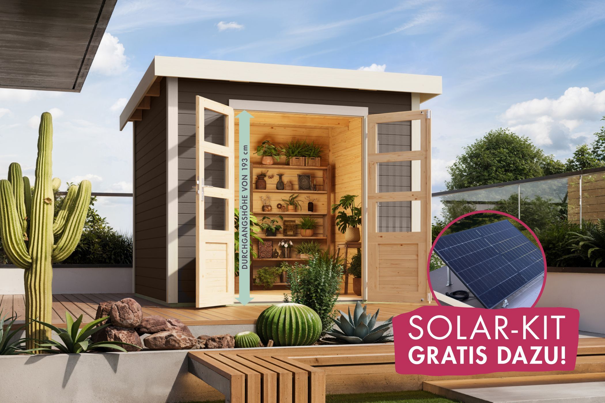 Gartenhaus Kolbin 6 XXL terragrau (Extra hohe Tür) mit SOLAR-KIT