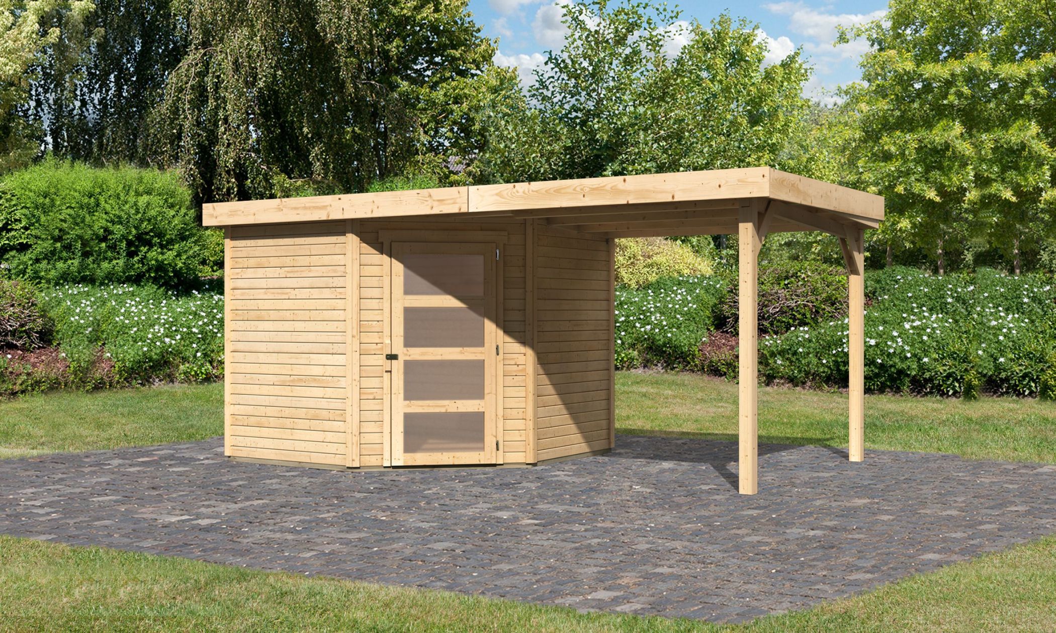 Gartenhaus Schwandorf 5 mit 2,40 Meter Anbaudach natur / Lagerabverkauf