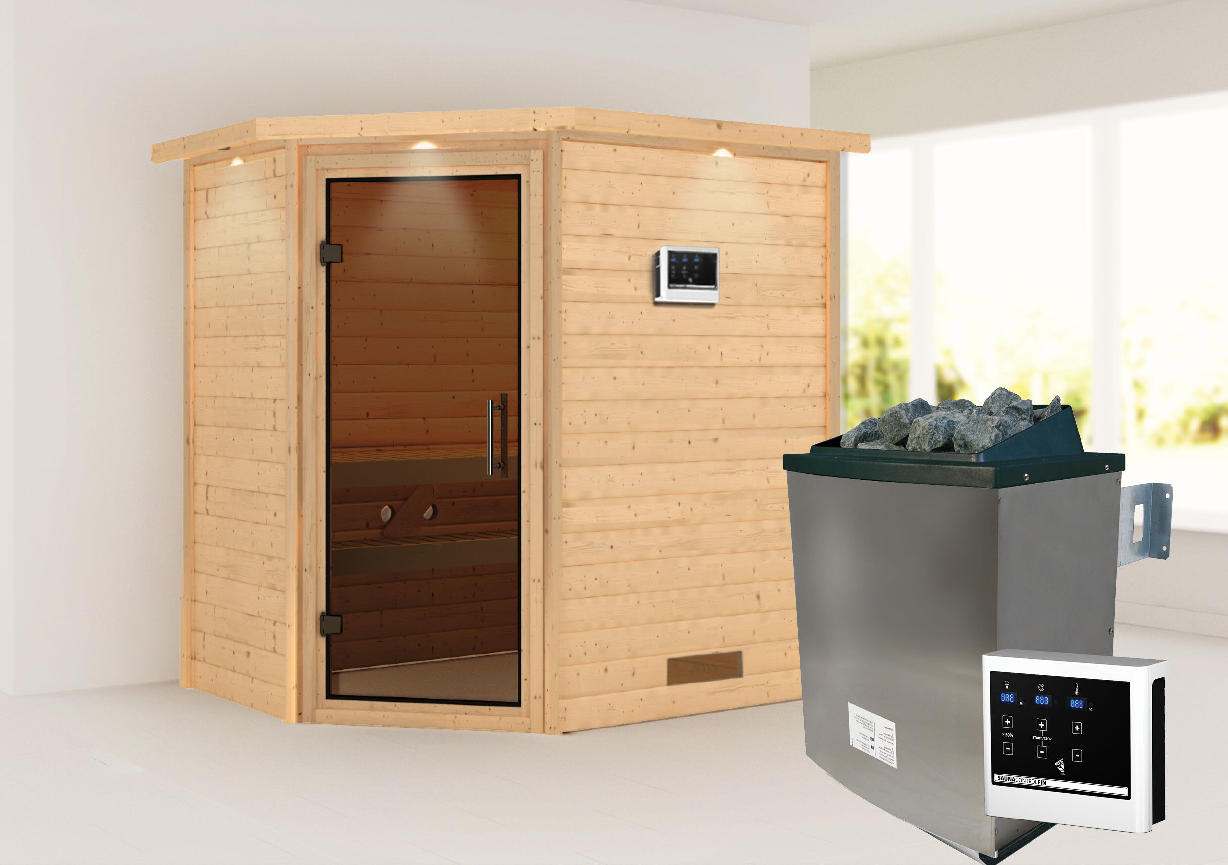 Sauna Svea inkl. 9kW Ofen finnisch und Dachkranz / Lagerabverkauf
