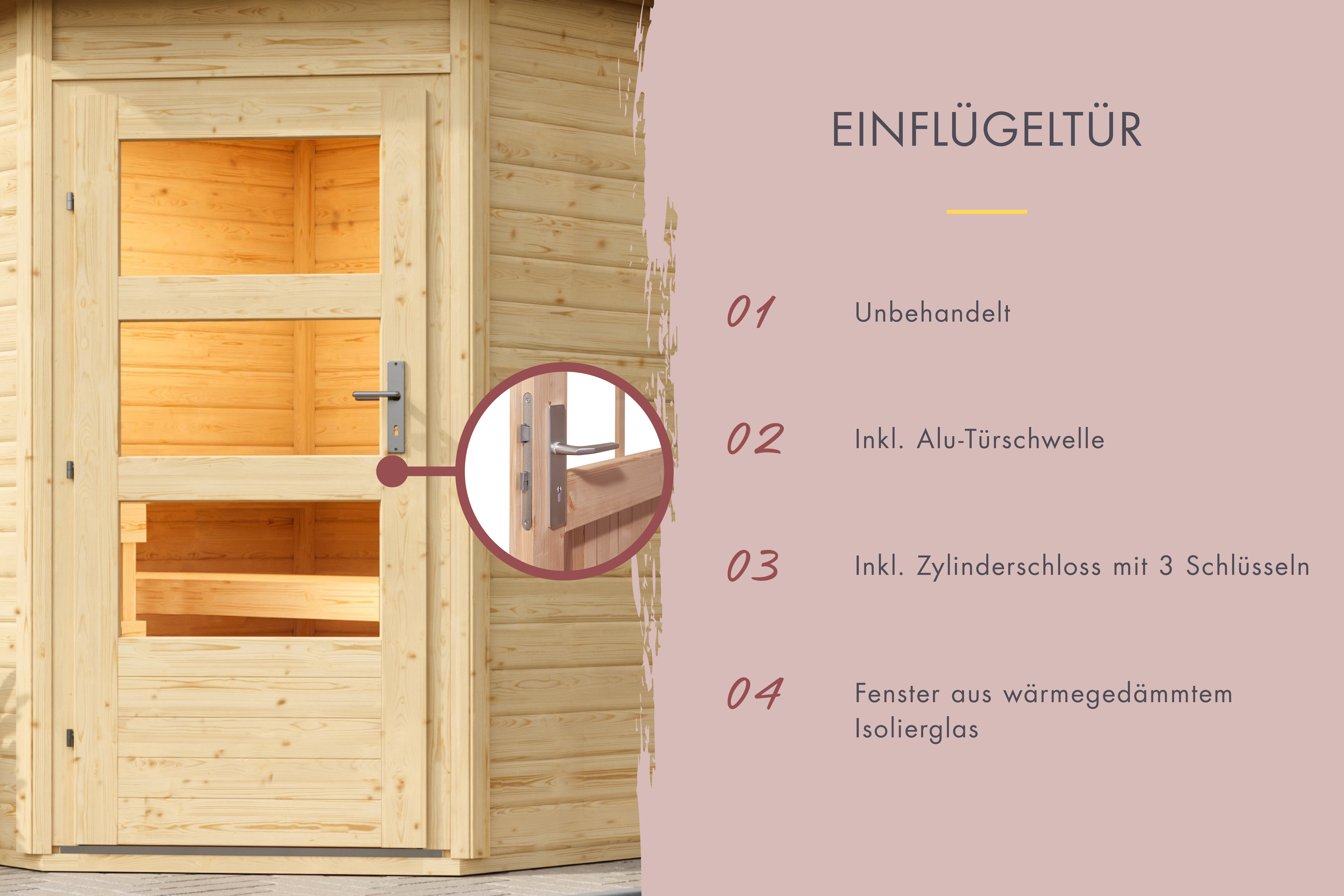 Saunahaus Skrollan 3 naturbelassen mit Vorraum und Anbaudach / Lagerabverkauf