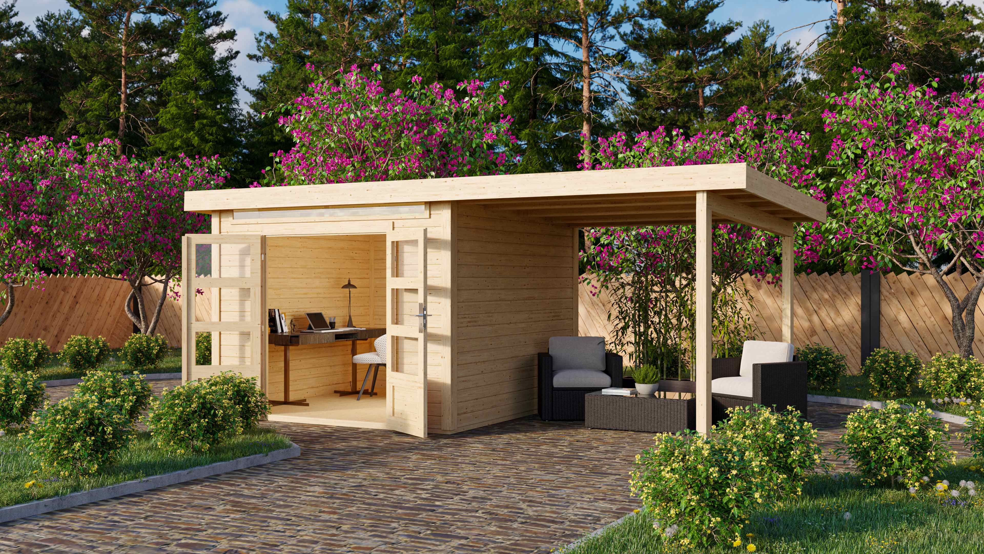 Gartenhaus Kandern 3 naturbelassen mit 2,35 m Anbaudach / Lagerabverkauf