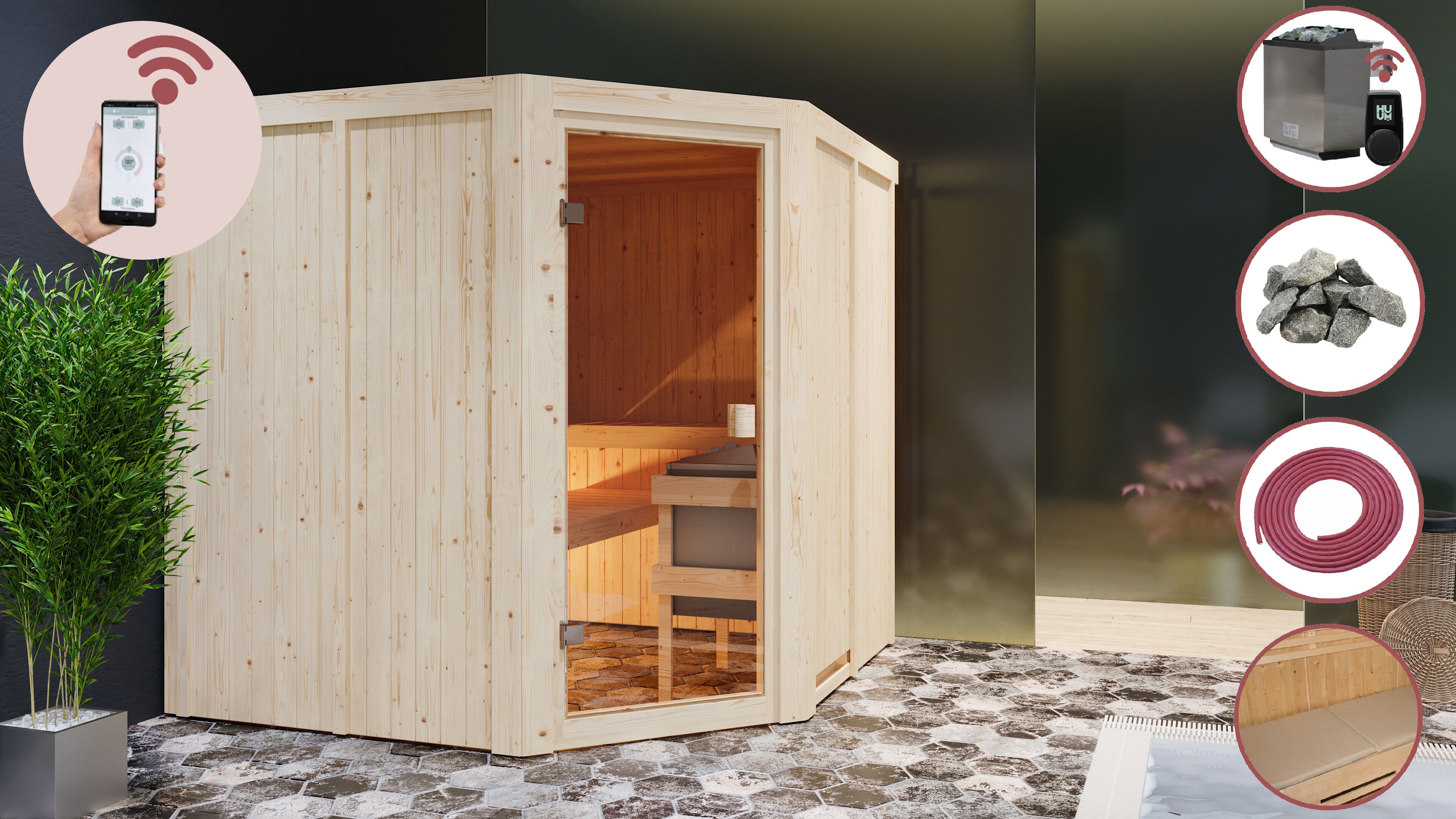 Sauna Hannah 2 im Sparset / 9kW Bio-Ofen mit HUUM Wifi Steuerung