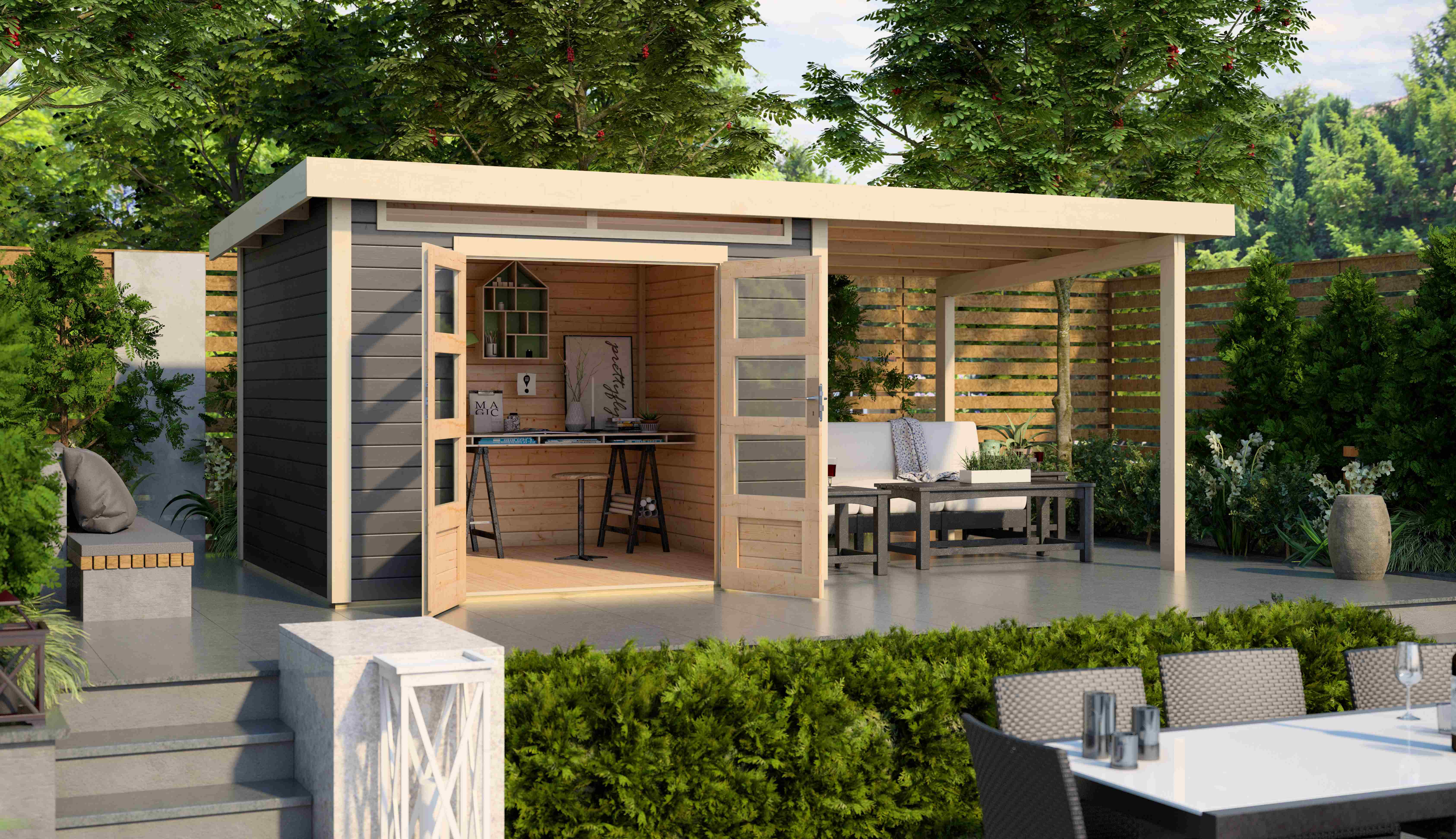 Gartenhaus Kandern 3 terragrau mit 2,35 m Anbaudach / Lagerabverkauf