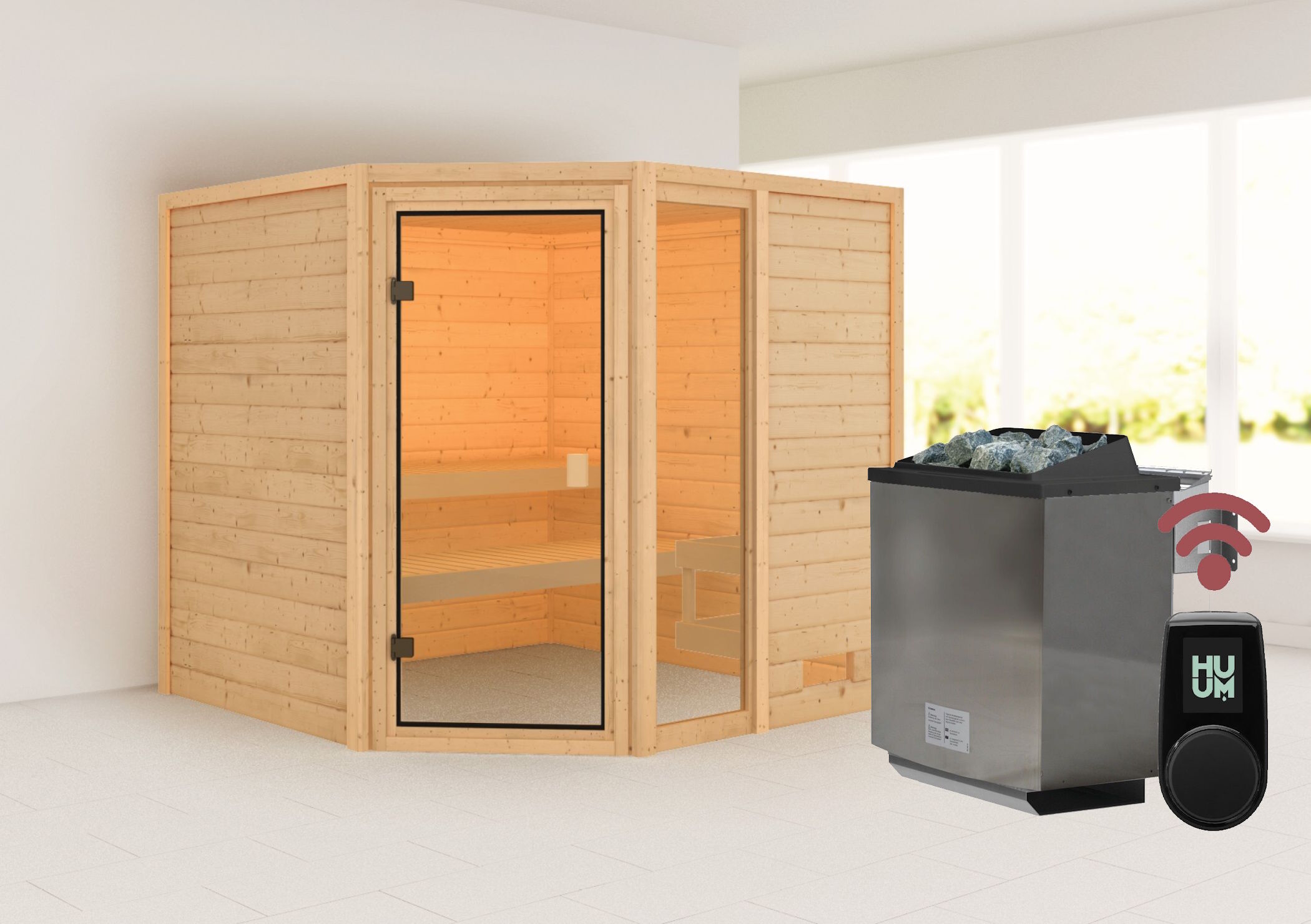 Sauna Mila 7 im Sparset / 9kW Bio-Ofen mit HUUM Wifi Steuerung