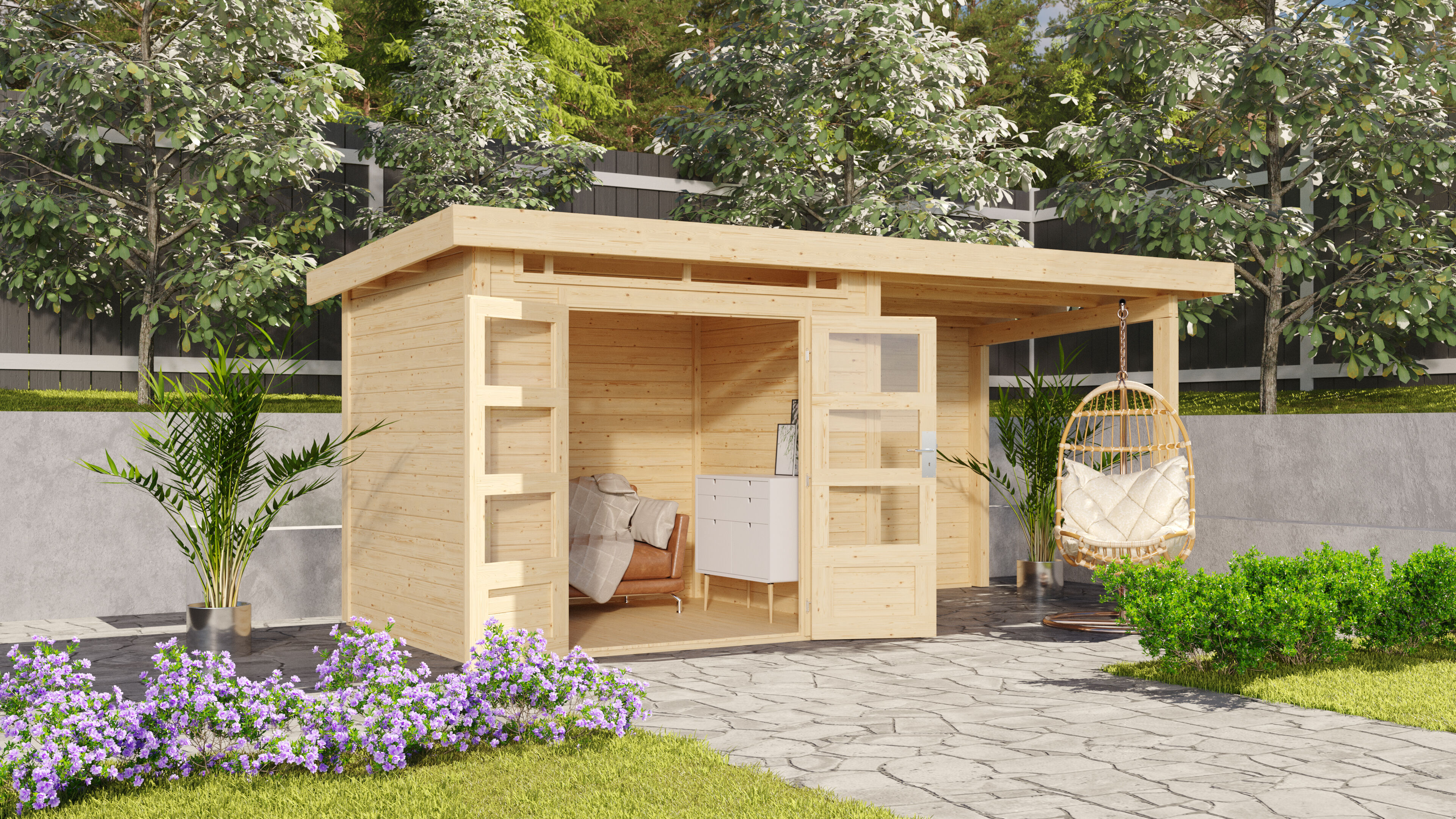 Gartenhaus Kandern 3 naturbelassen mit 2,35 m Anbaudach und Rückwand / Lagerabverkauf