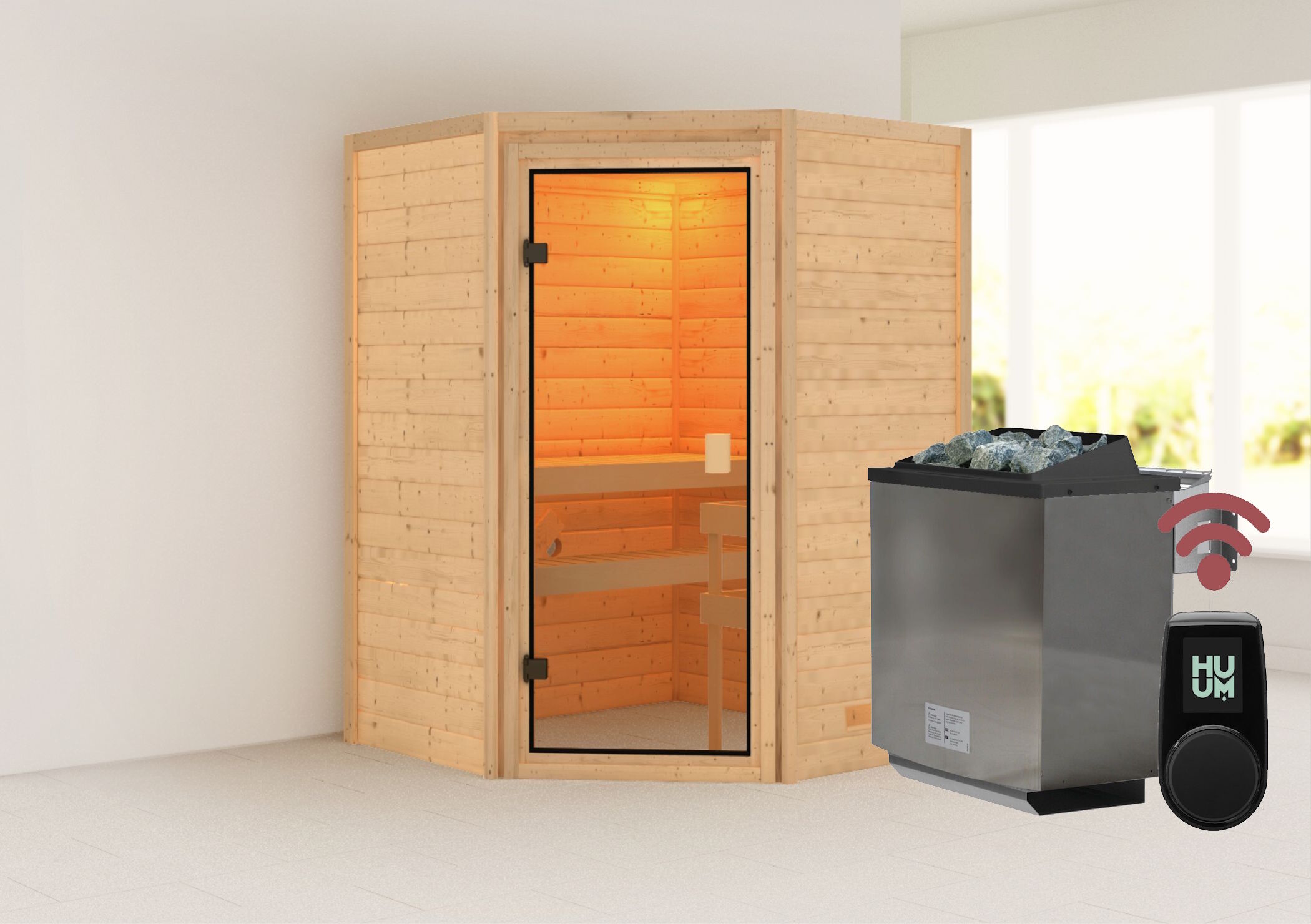 Sauna Mila 2 im Sparset / 9kW Bio-Ofen mit HUUM Wifi Steuerung