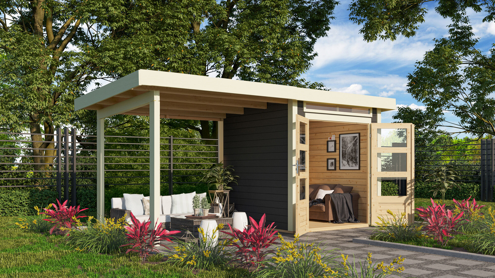 Gartenhaus Kandern 1 terragrau mit 2,35 m Anbaudach / Lagerabverkauf