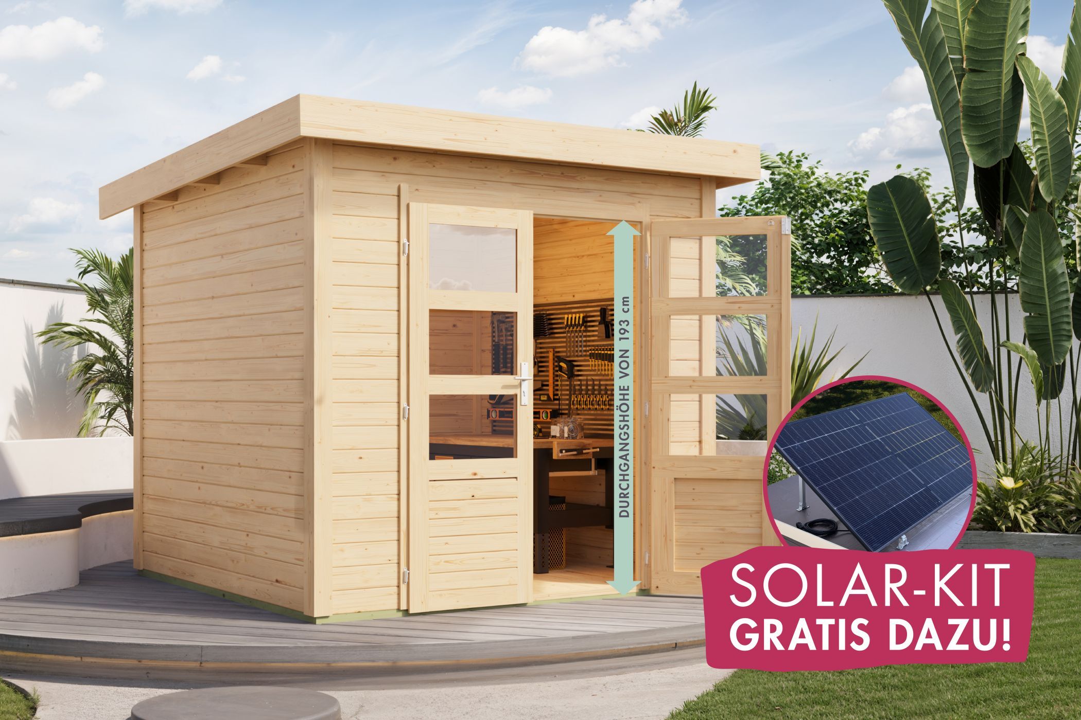 Gartenhaus Kolbin 3 XXL (Extra hohe Tür) mit SOLAR-KIT