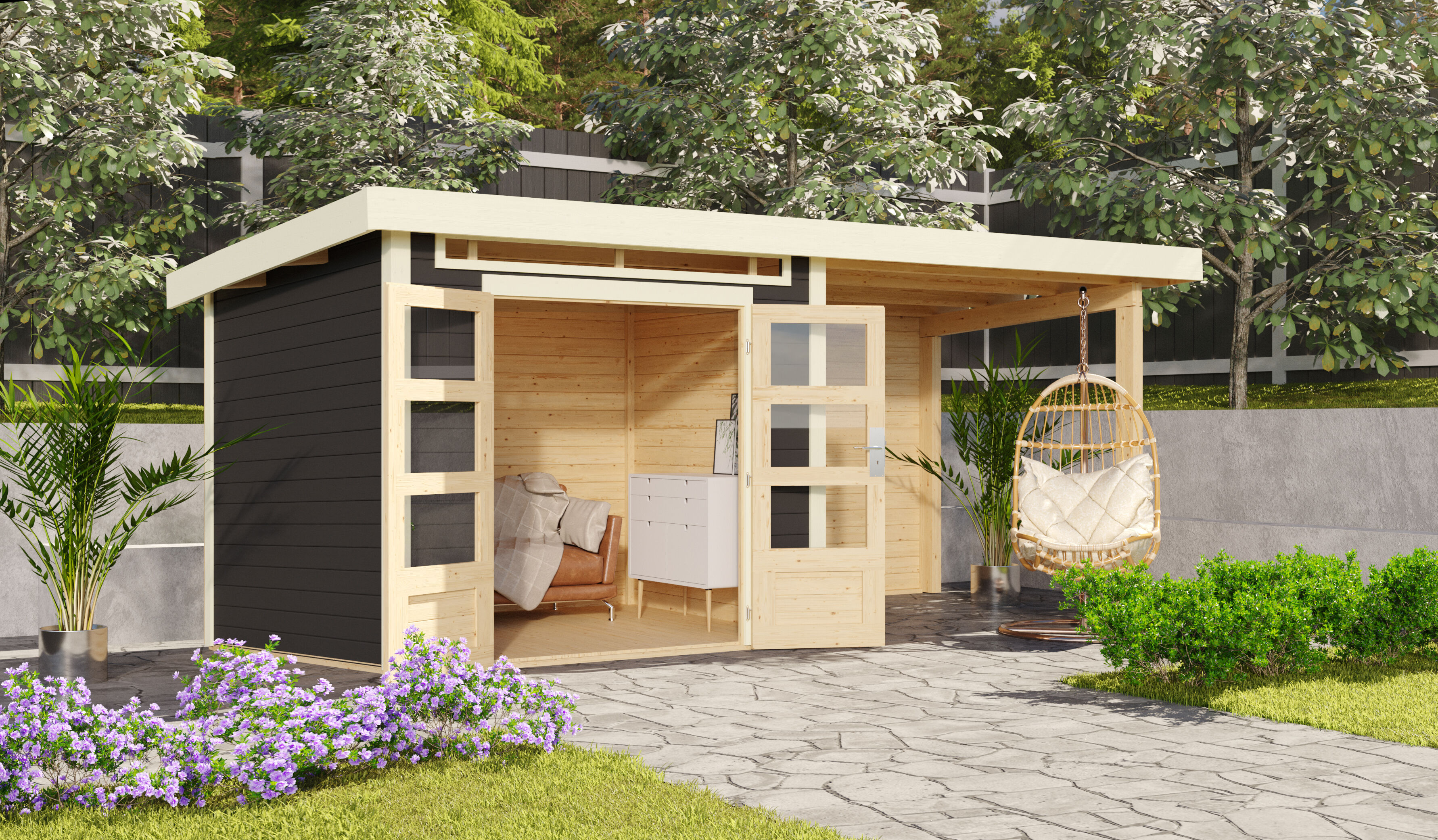 Gartenhaus Kandern 3 terragrau mit 2,35 m Anbaudach und Rückwand / Lagerabverkauf