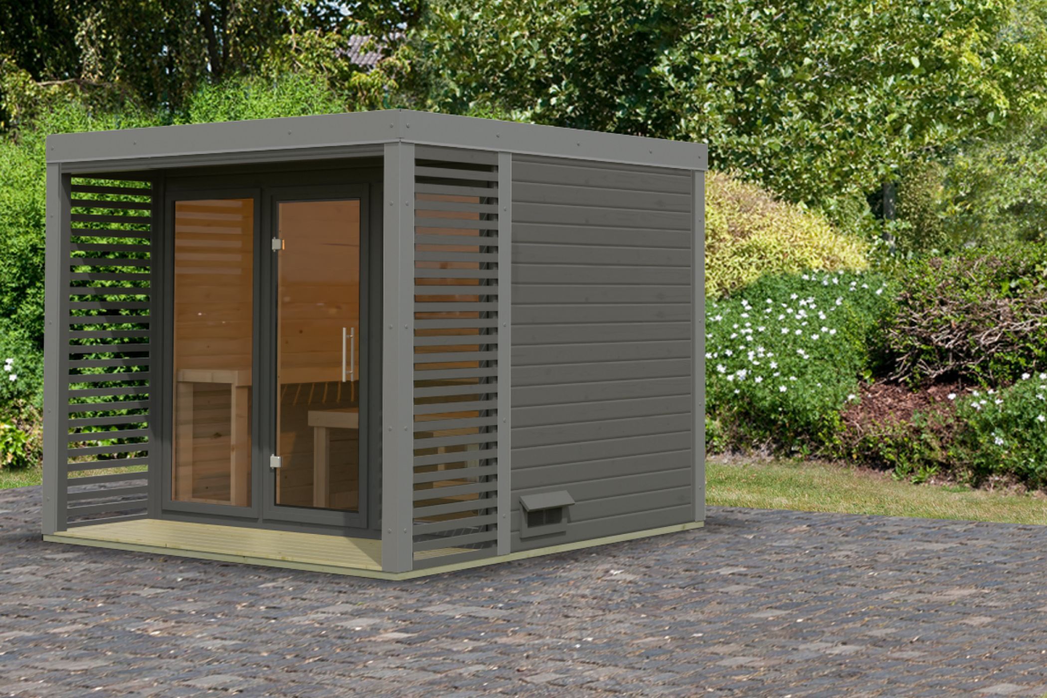Saunahaus Ares 3 terragrau /  Metall: staubgrau / Lagerabverkauf
