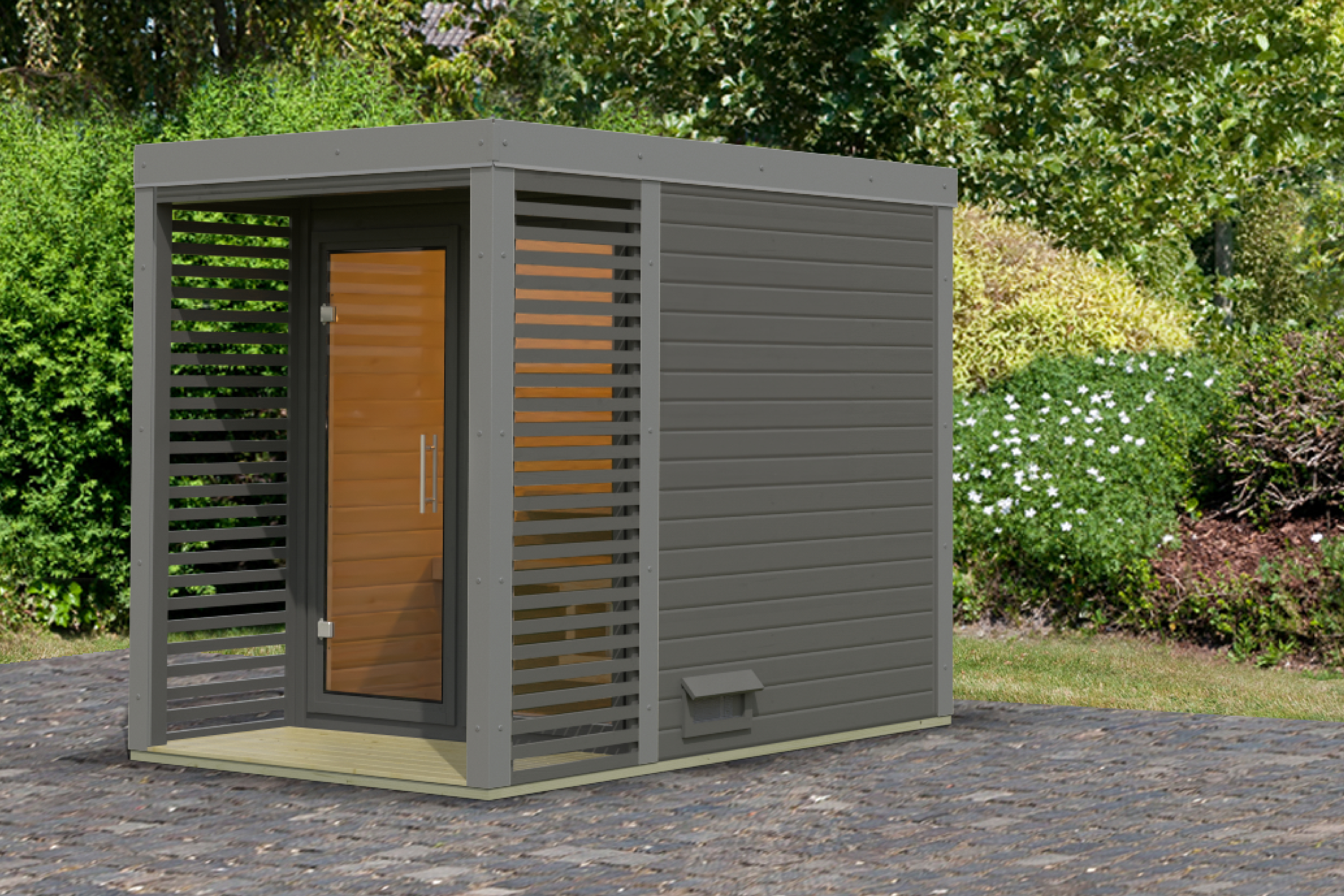 Saunahaus Ares 1 terragrau /  Metall: staubgrau / Lagerabverkauf