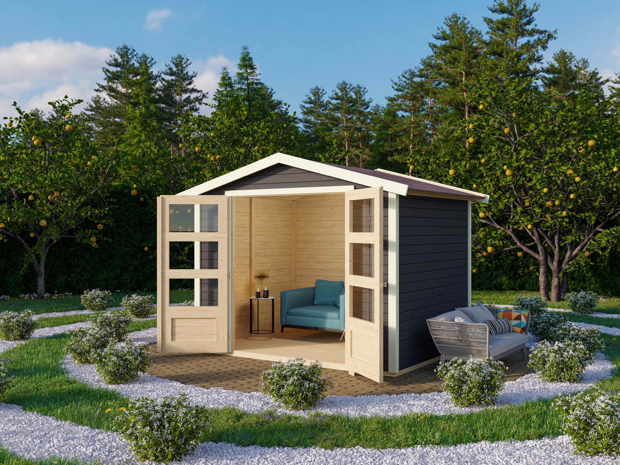 Gartenhaus Amberg 4 terragrau inkl. Dachschindeln Asymmetrisch zedernholz / Lagerabverkauf