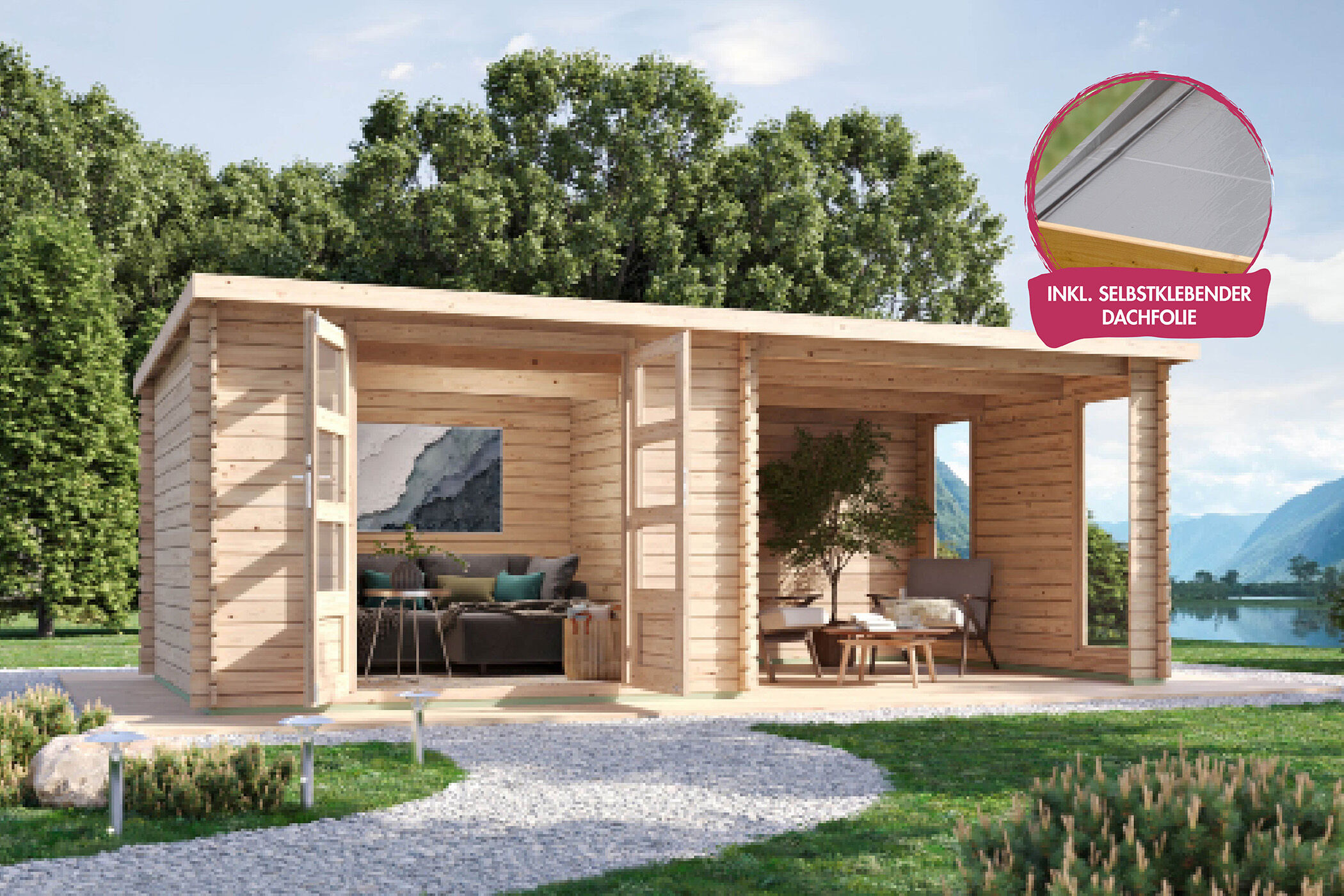 Gartenhaus Enfield mit 3 Meter Anbaudach und Fenster inkl. Dacheindeckung
