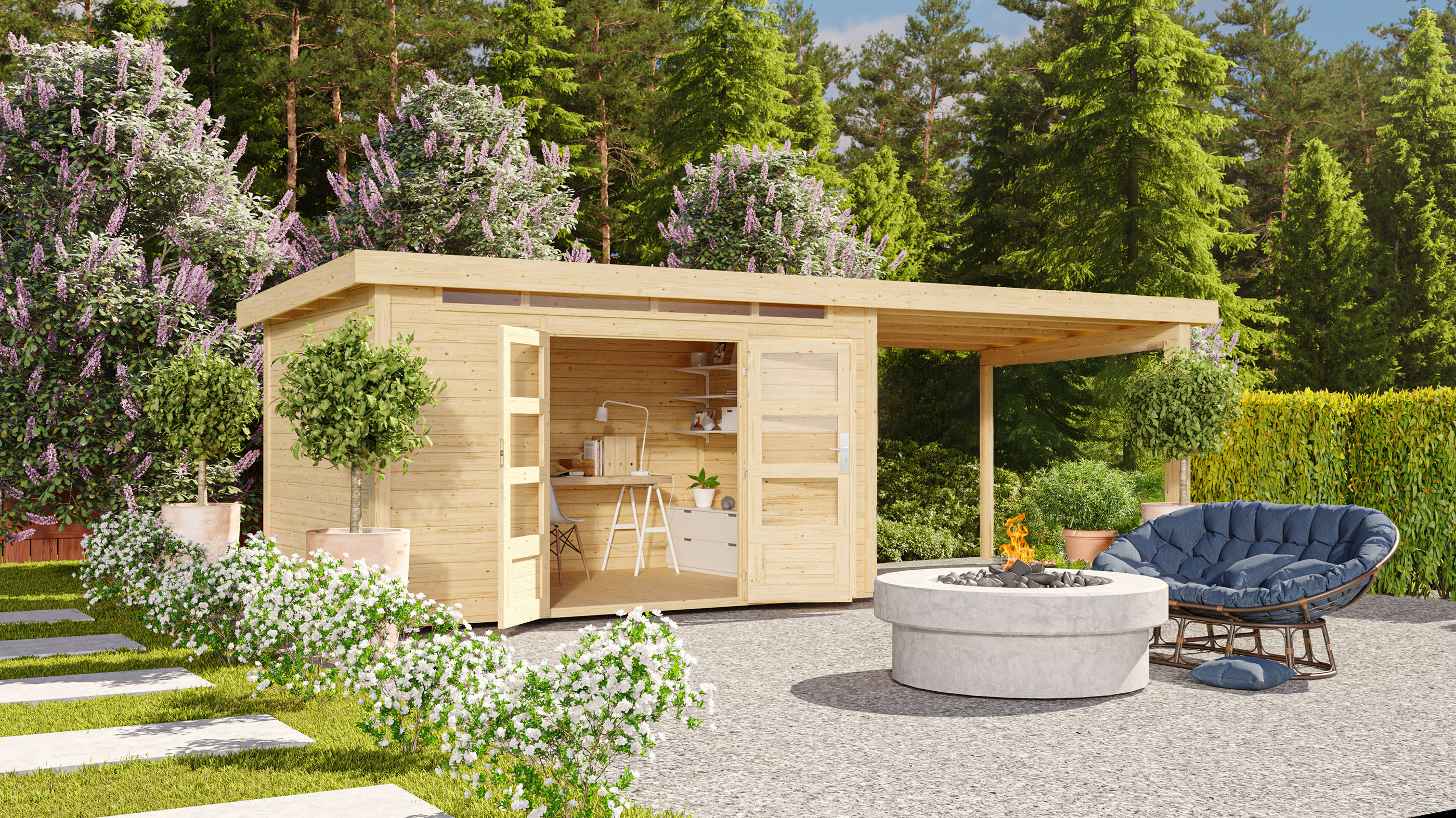 Gartenhaus Kandern 7 naturbelassen mit 3,2 m Anbaudach / Lagerabverkauf