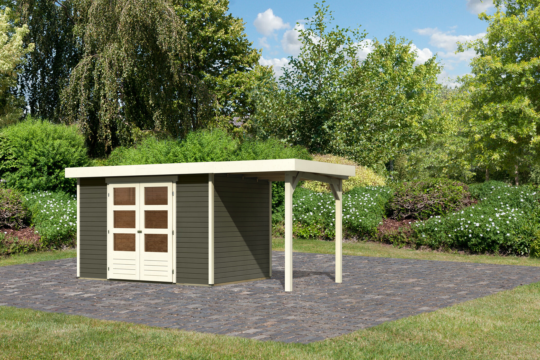 Gartenhaus Askola 4 mit 1,5 Meter Anbaudach terragrau / Lagerabverkauf