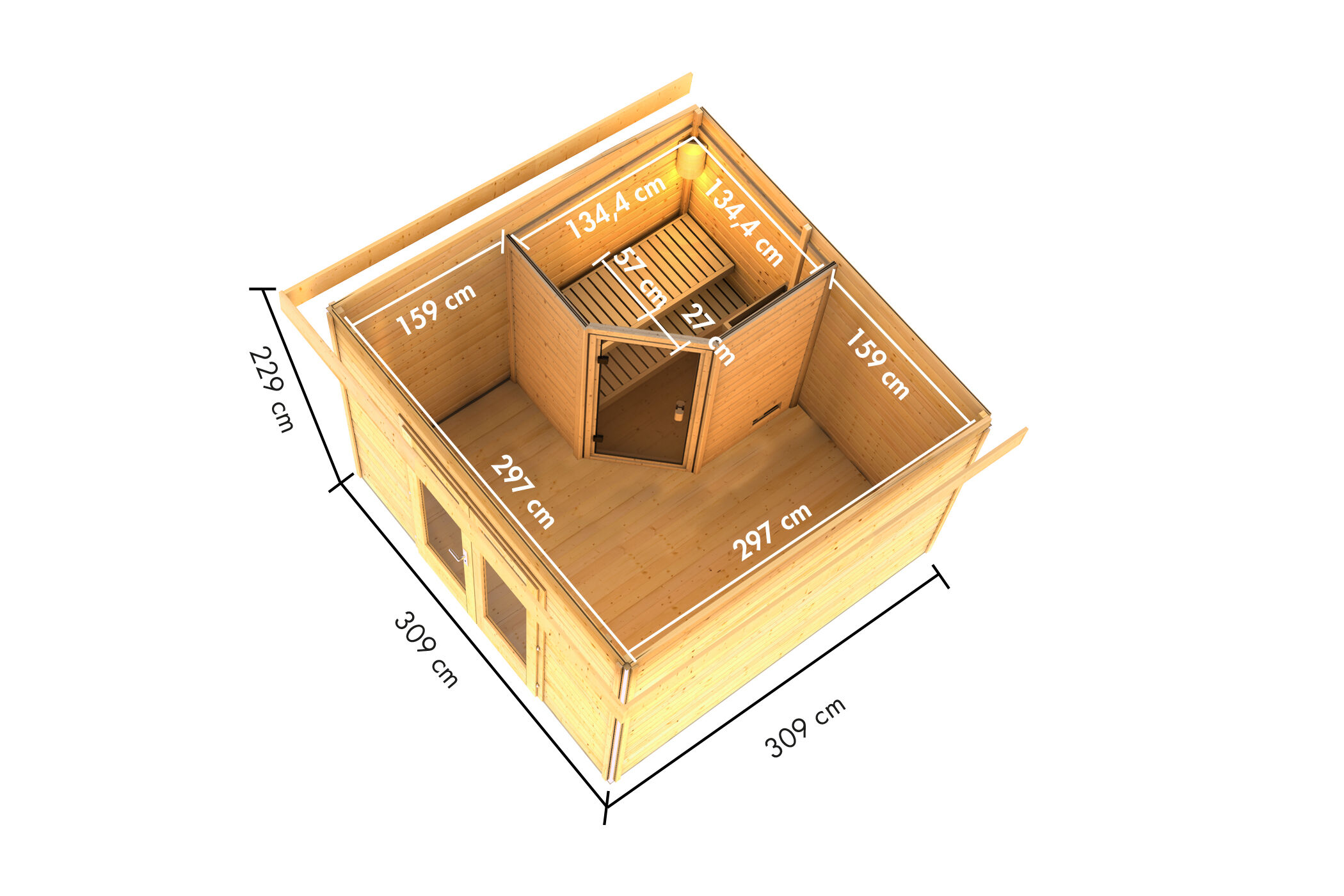Saunahaus Mainburg 1 mit Sauna SET 0 (134x134 cm) und 9kW Ofen finnisch / Lagerabverkauf