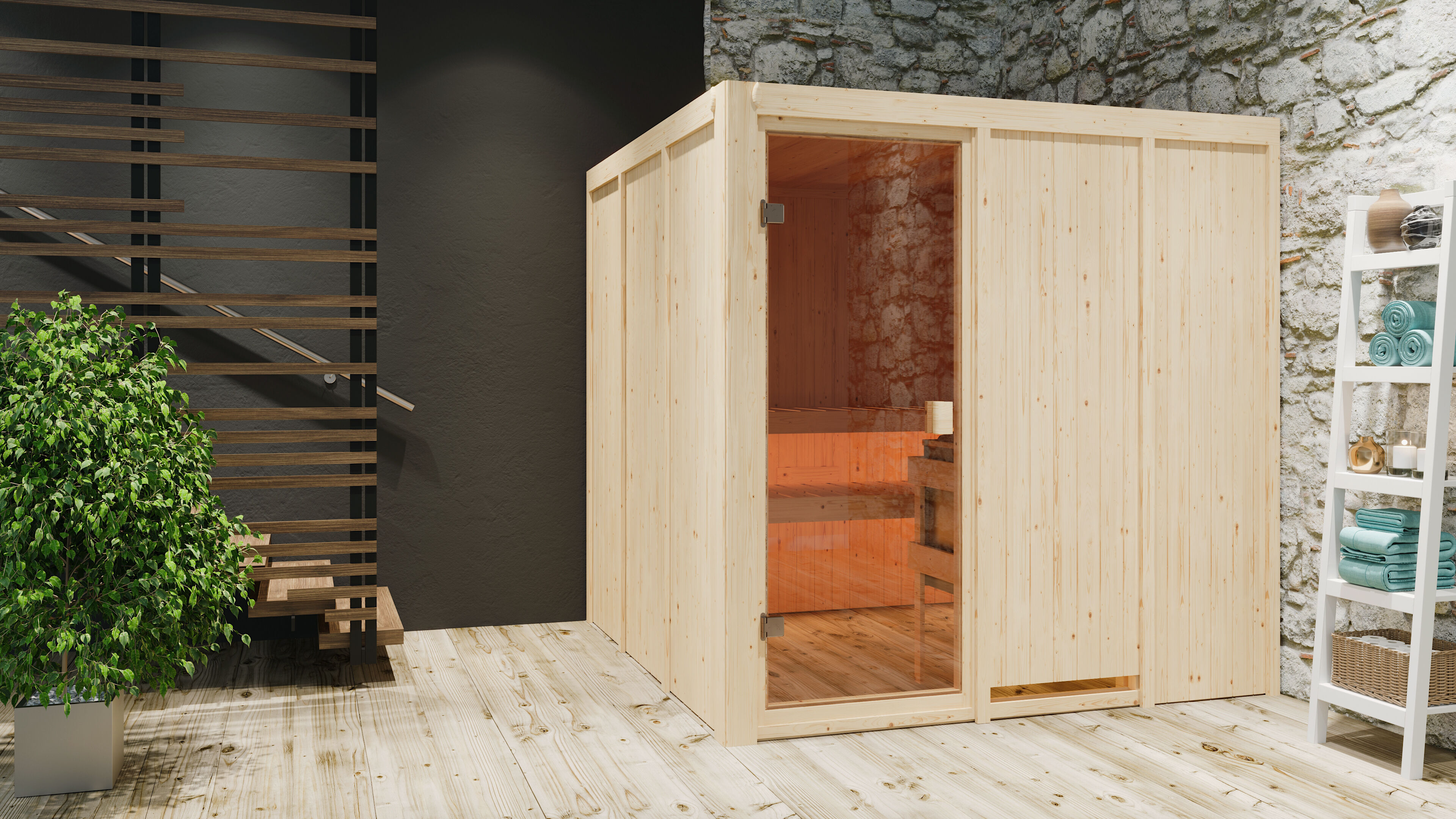 Sauna Hannah 3 im Sparset / 9kW Bio-Ofen mit HUUM Wifi Steuerung