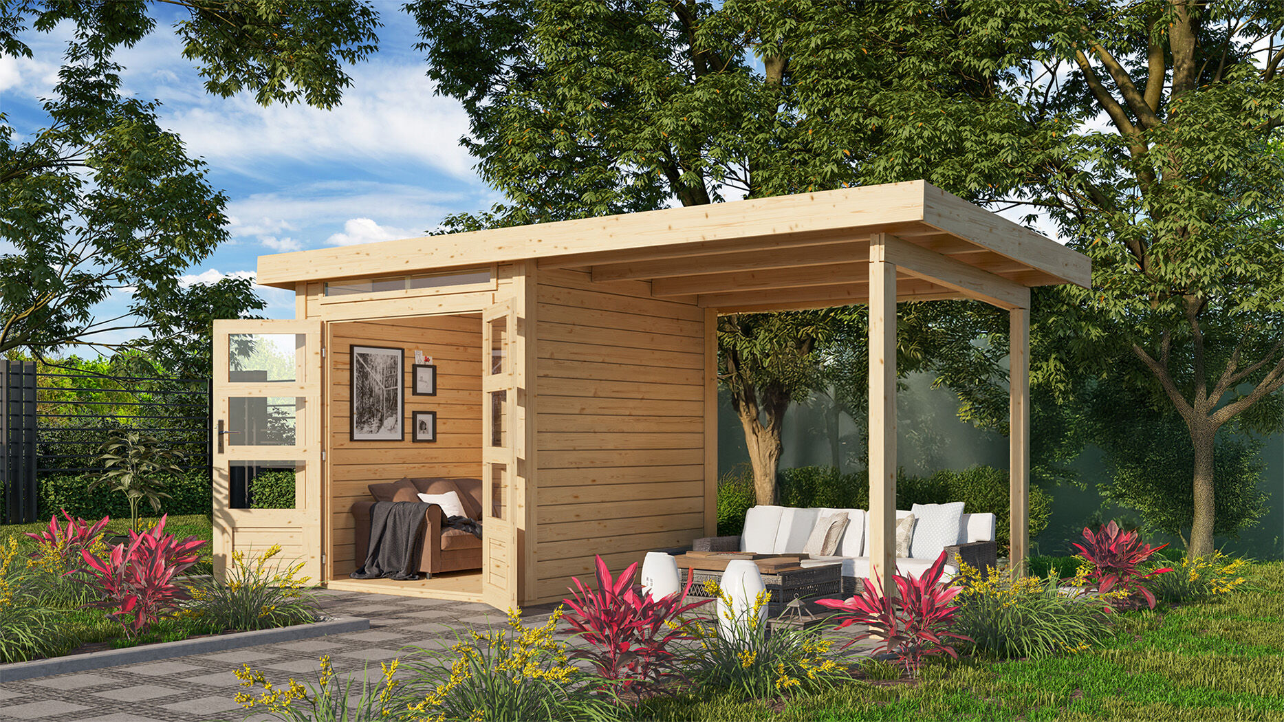 Gartenhaus Kandern 1 naturbelassen mit 2,35 m Anbaudach / Lagerabverkauf