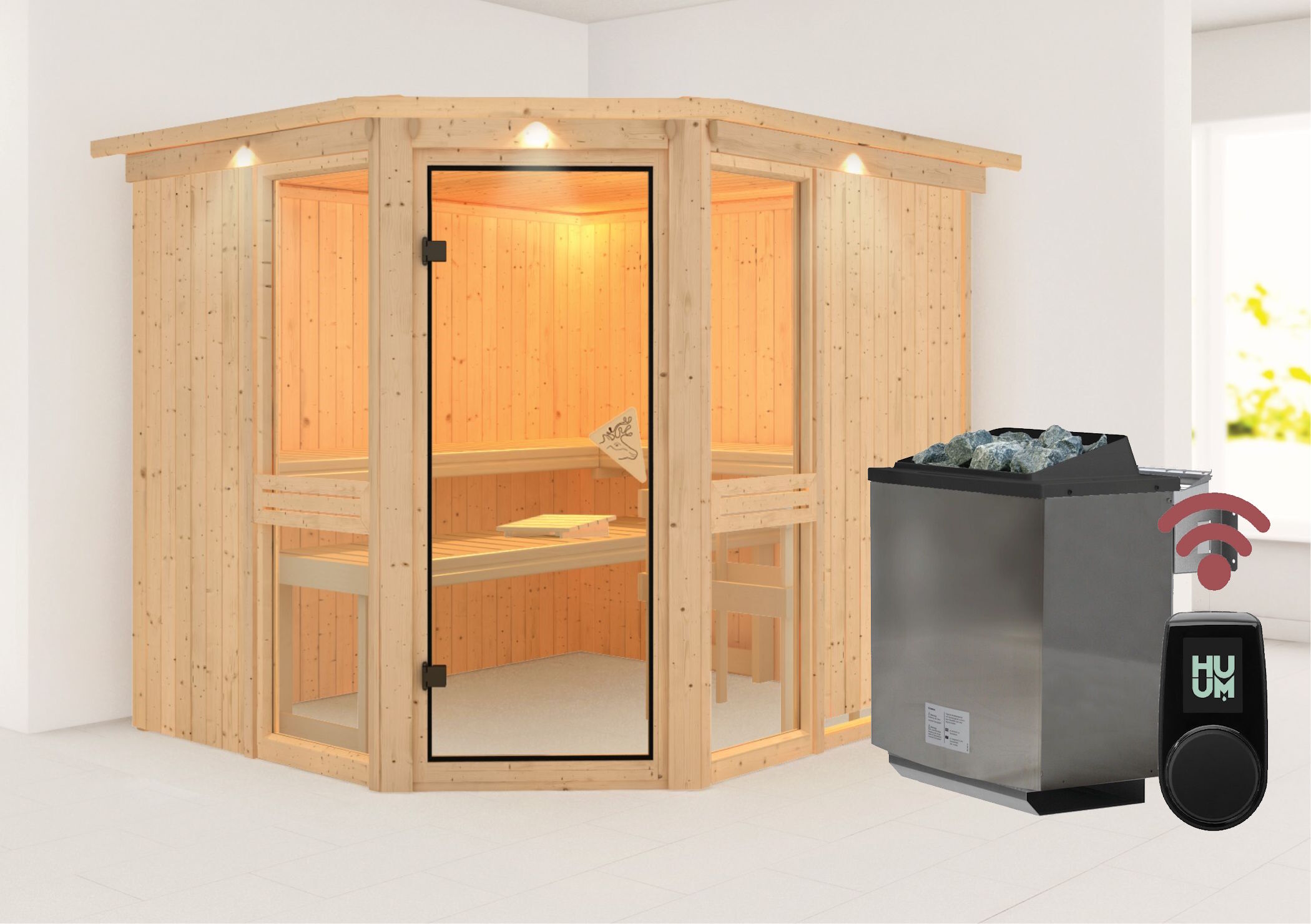 Sauna Marla 4 im Sparset / 9kW Bio-Ofen mit HUUM Wifi Steuerung