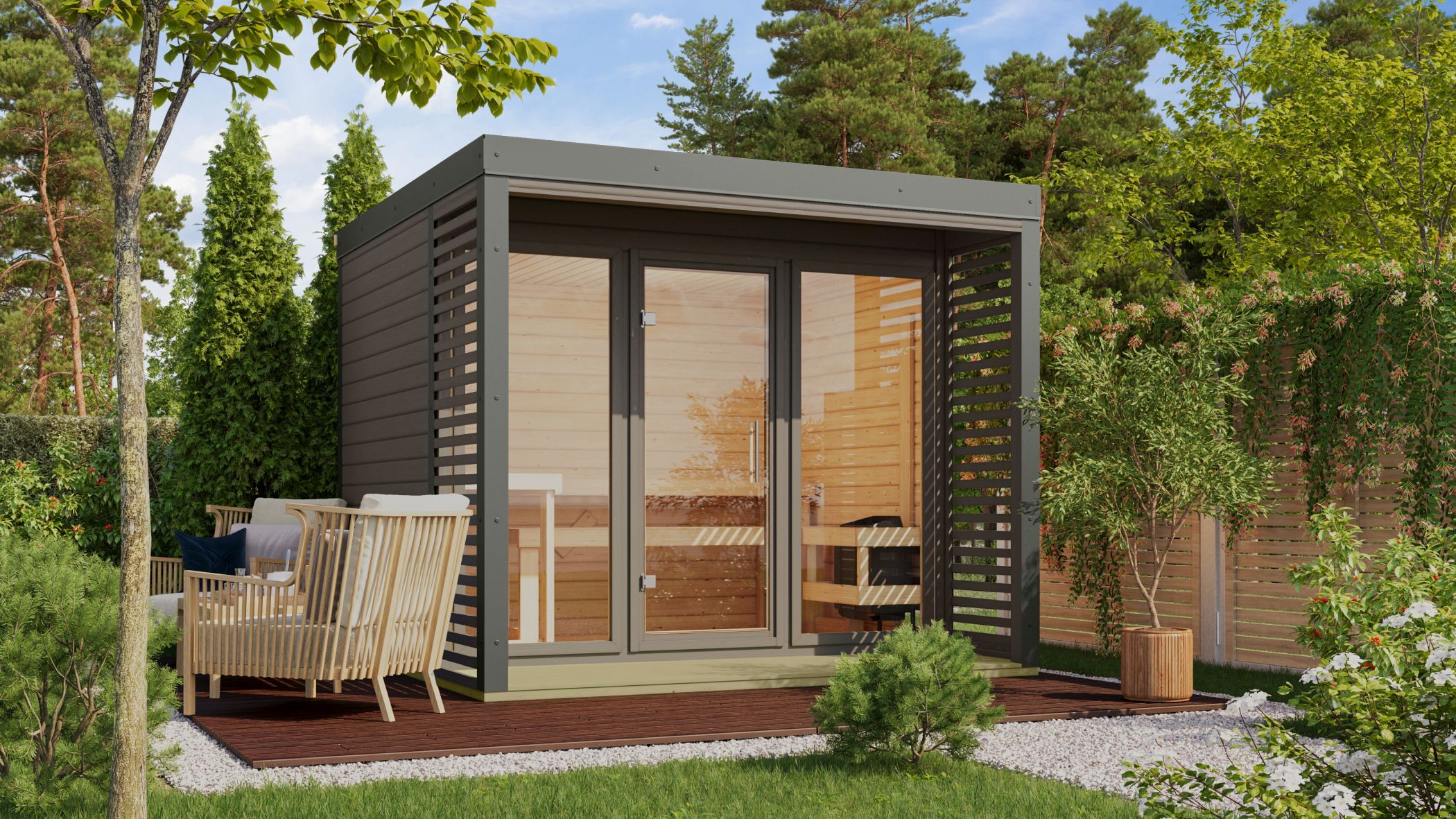 Saunahaus Ares 3 terragrau /  Metall: staubgrau / Lagerabverkauf