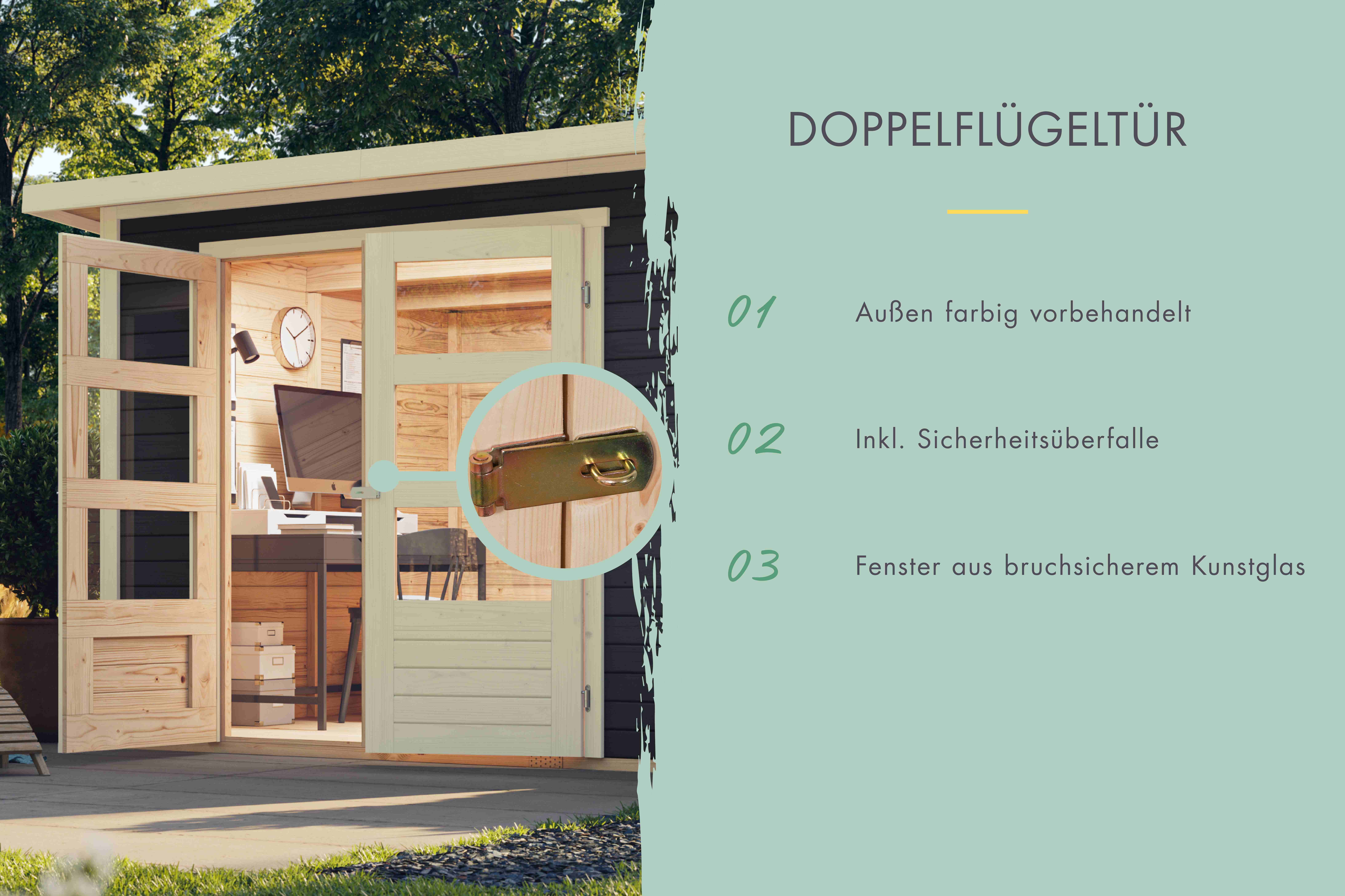 Gartenhaus Askola 4 mit 1,5 Meter Anbaudach terragrau / Lagerabverkauf