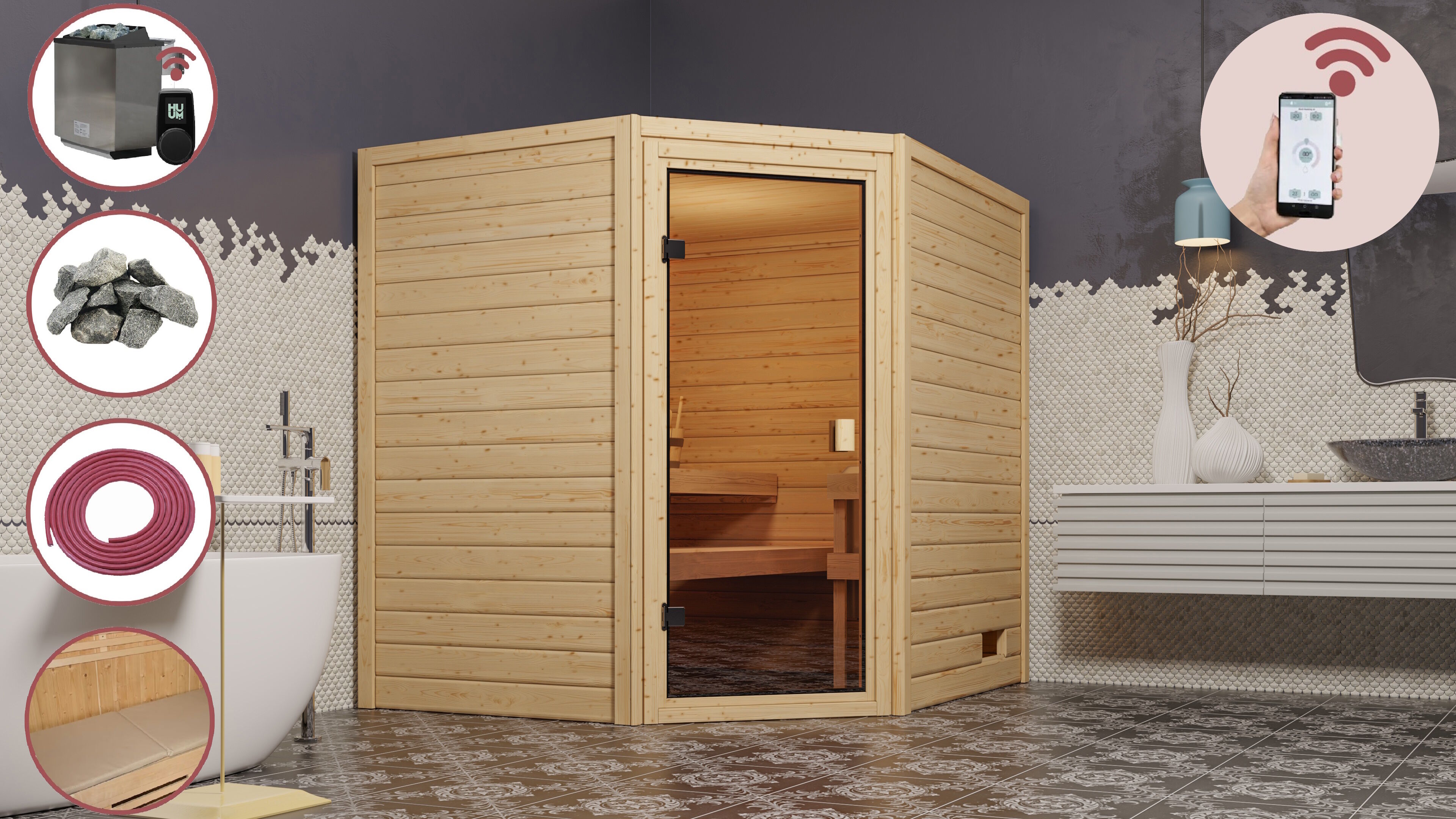 Sauna Mila 6 im Sparset / 9kW Bio-Ofen mit HUUM Wifi Steuerung