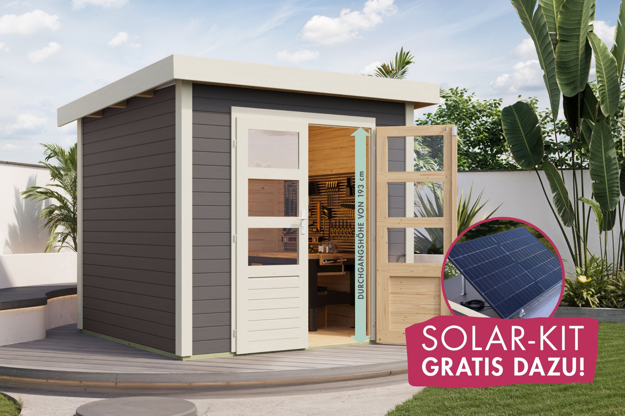 Gartenhaus Kolbin 3 XXL terragrau (Extra hohe Tür) mit SOLAR-KIT