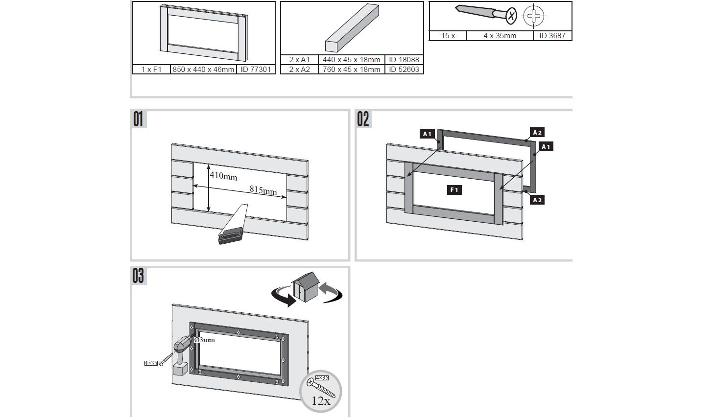Längliches feststehendes Fenster elfenbeinweis, quer für 28 mm Wände