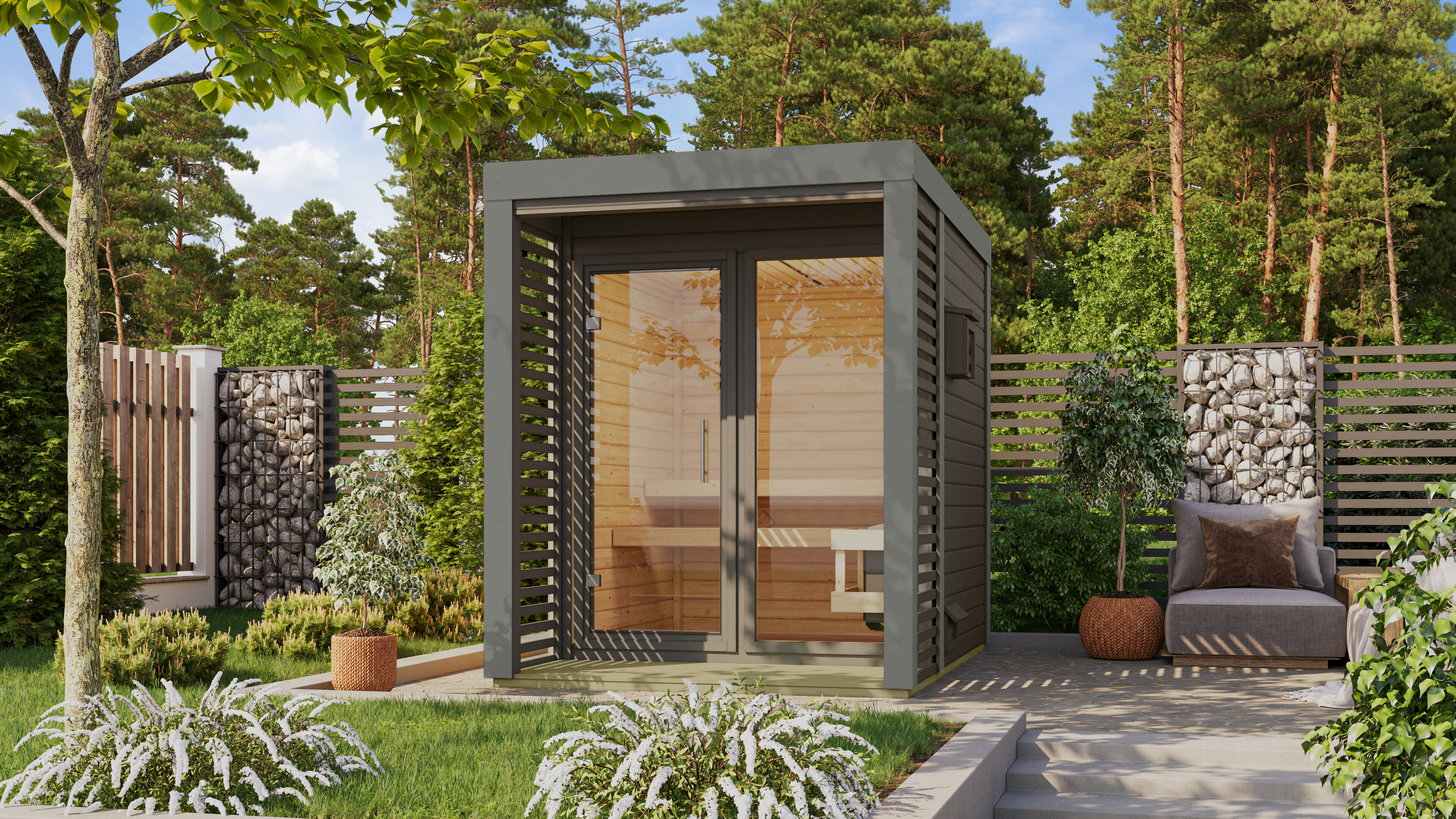 Saunahaus Ares 1 terragrau /  Metall: staubgrau / Lagerabverkauf