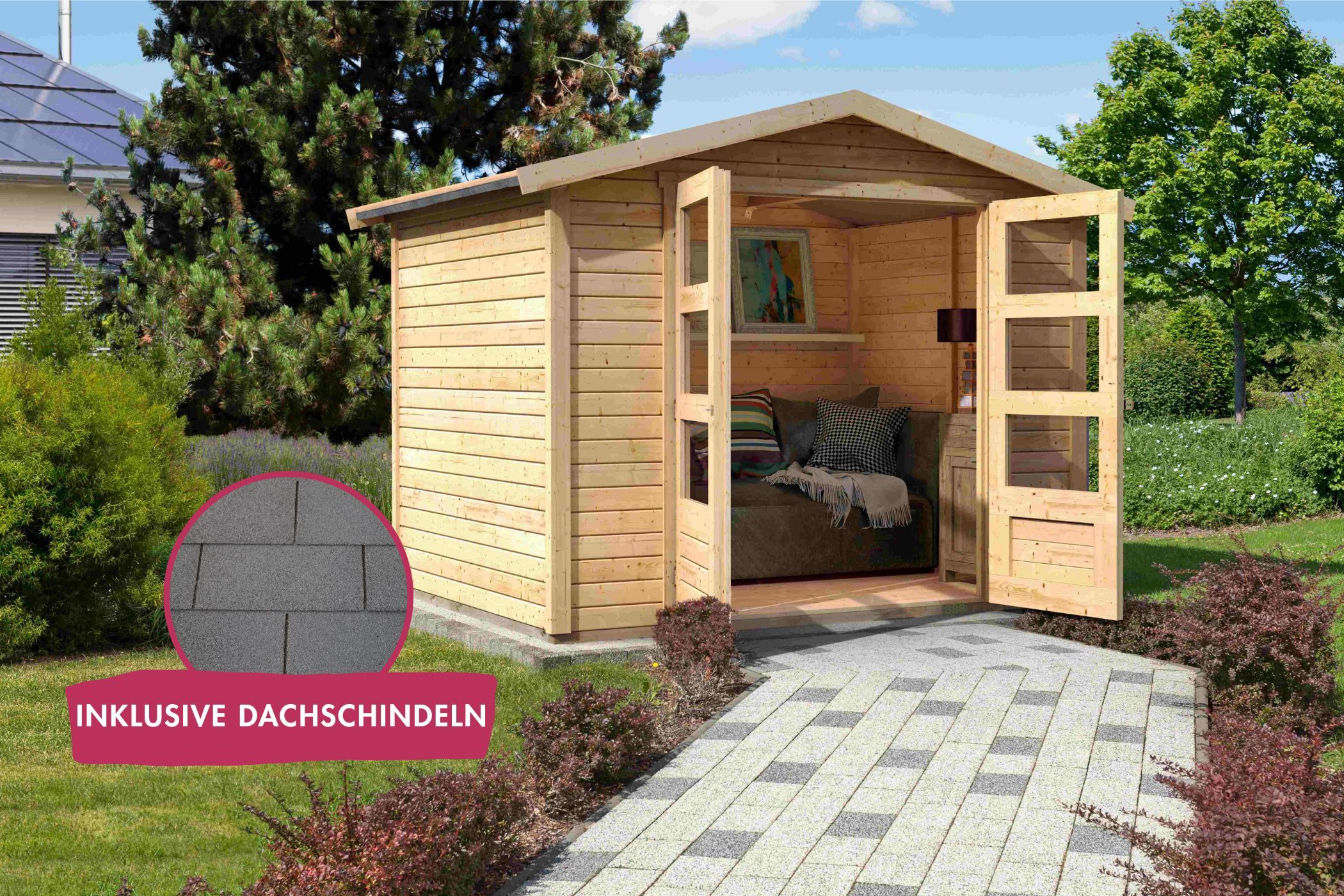 Gartenhaus Amberg 4 natur inkl. Dachschindeln Rechteck schiefergrau / Lagerabverkauf