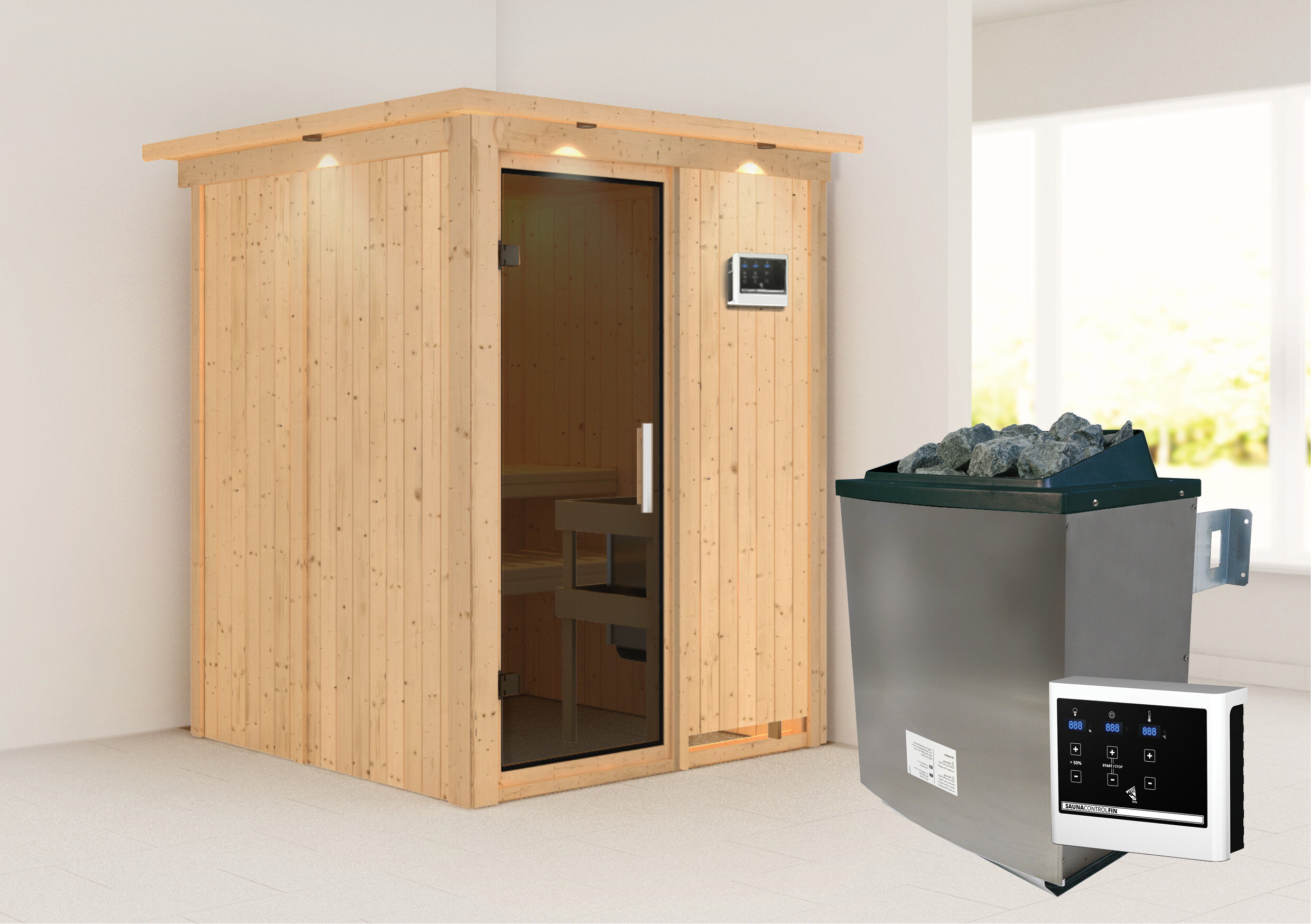 Sauna Norin inkl.  9kW Ofen finnisch und Dachkranz / Lagerabverkauf