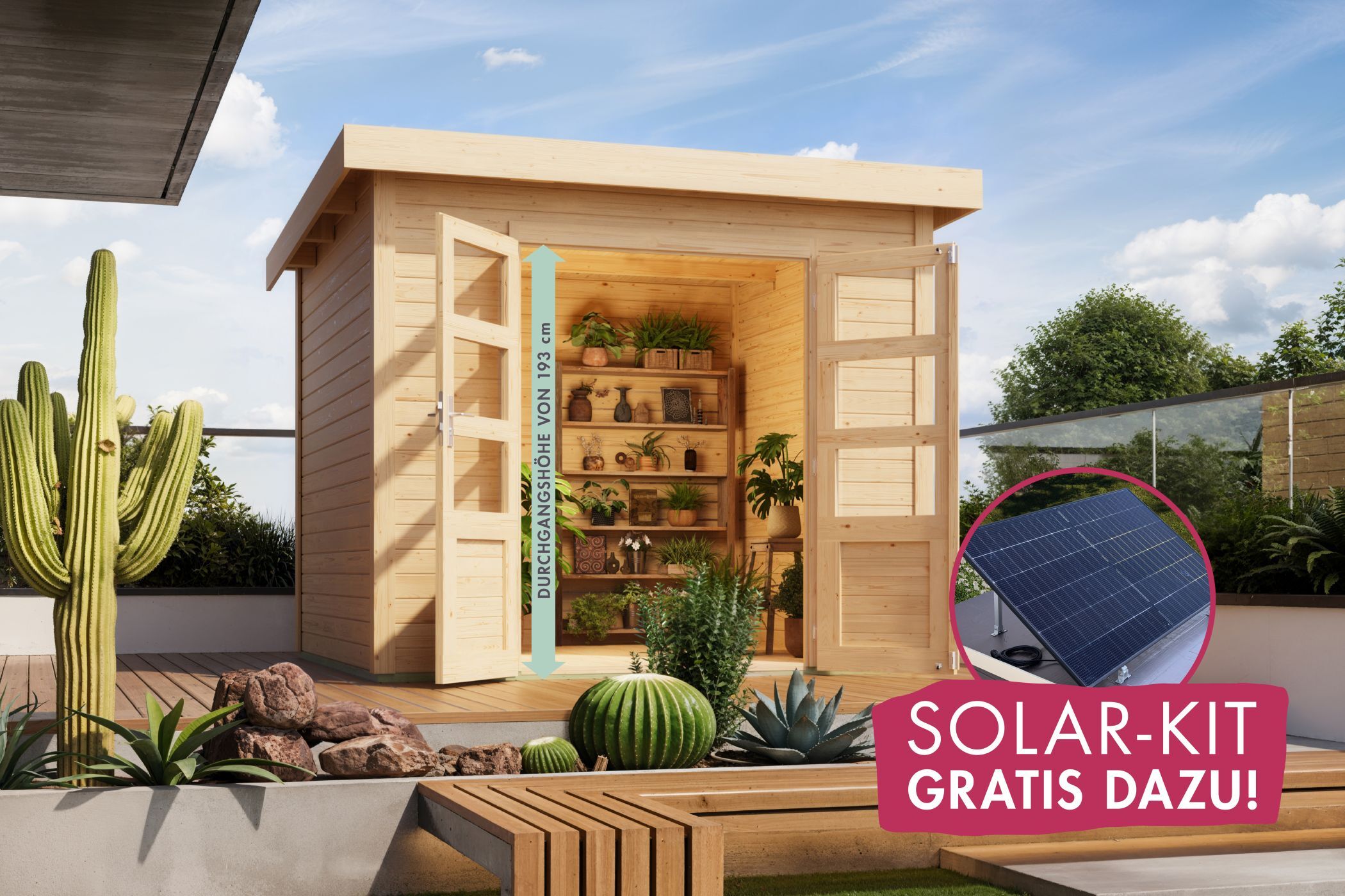 Gartenhaus Kolbin 6 XXL naturbelassen (Extra hohe Tür) mit SOLAR-KIT