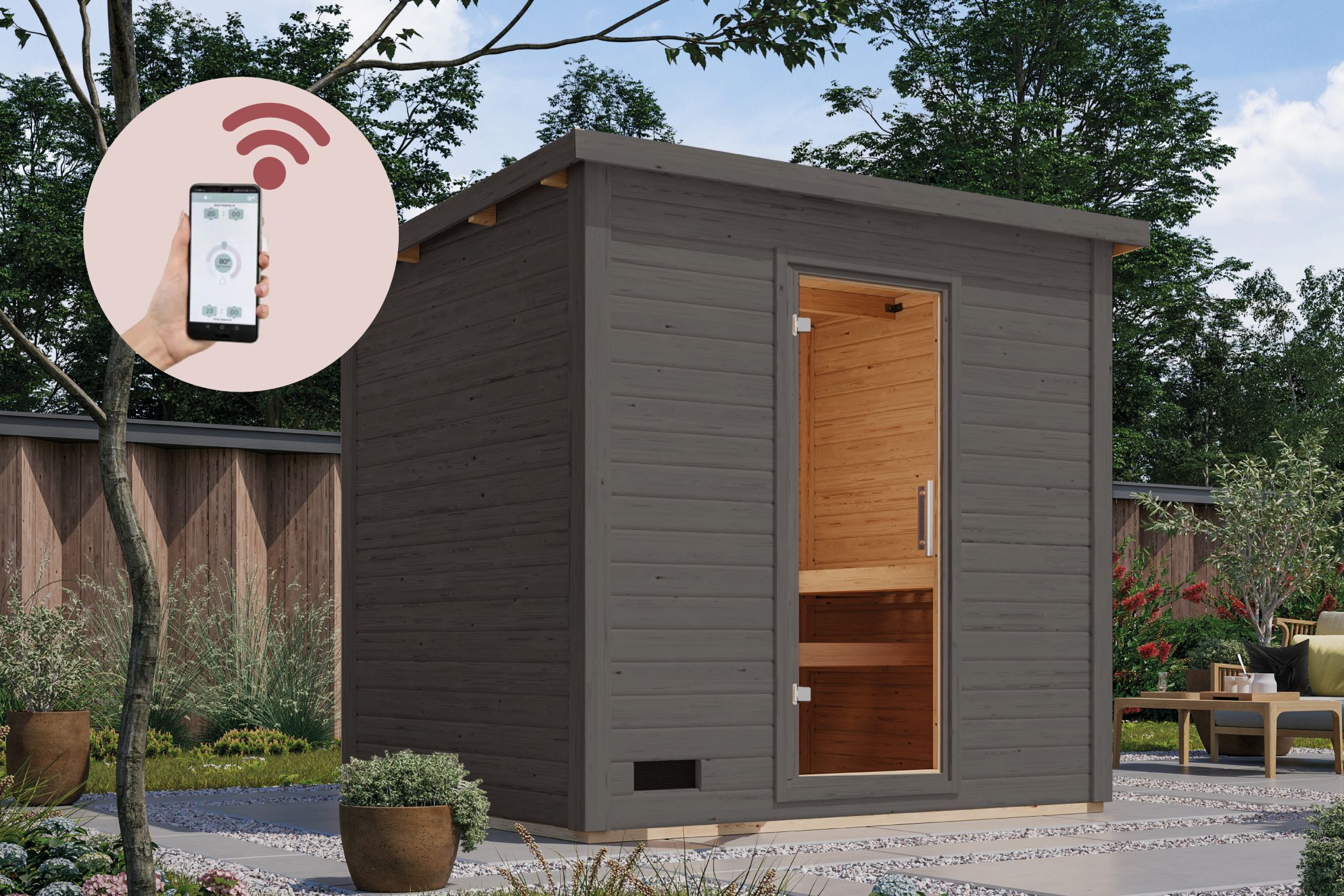 Saunahaus Hytti 3 Exklusive terragrau / + Ofen und HUUM WIFI Steuergerät Sparset