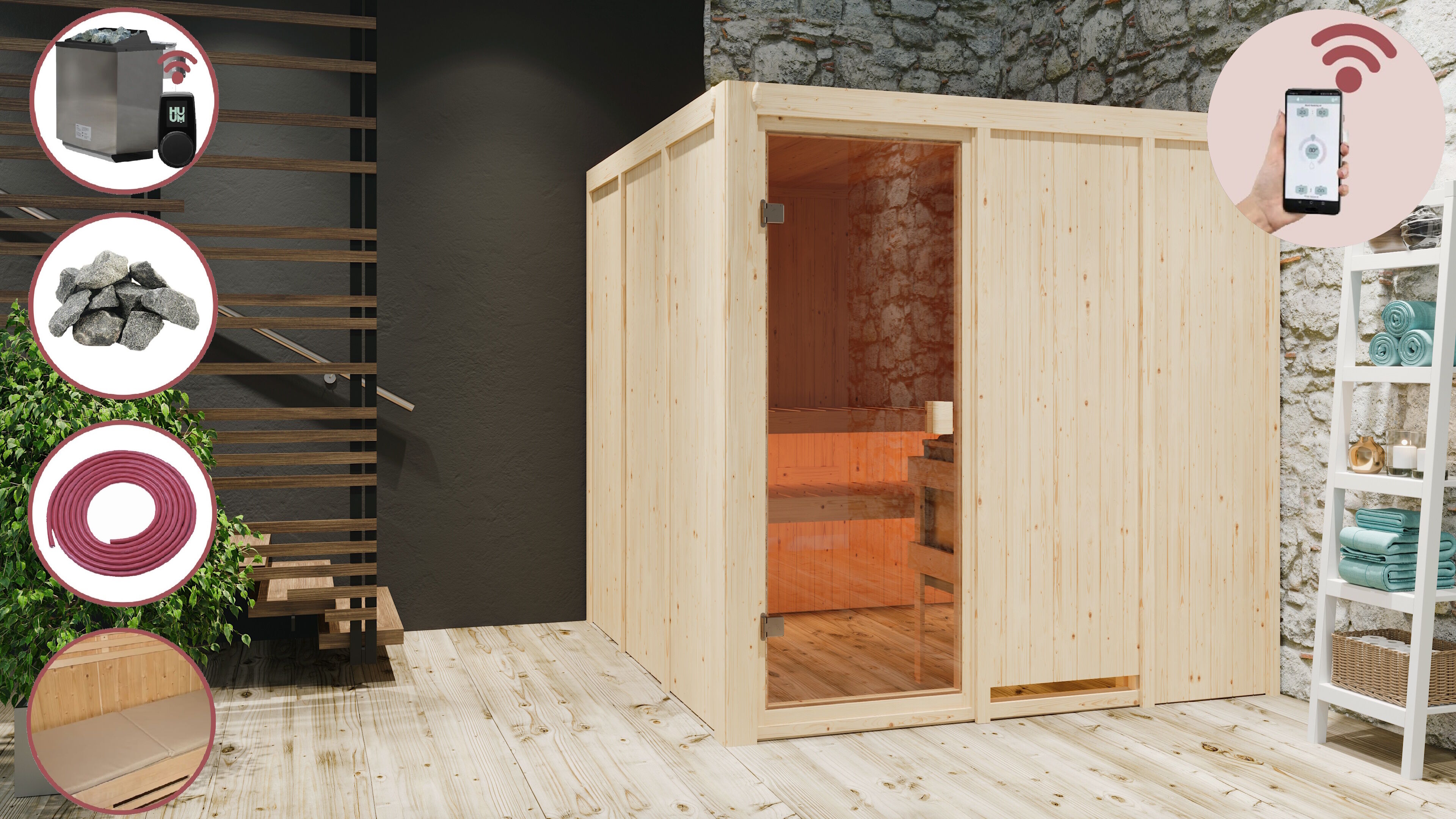 Sauna Hannah 3 im Sparset / 9kW Bio-Ofen mit HUUM Wifi Steuerung