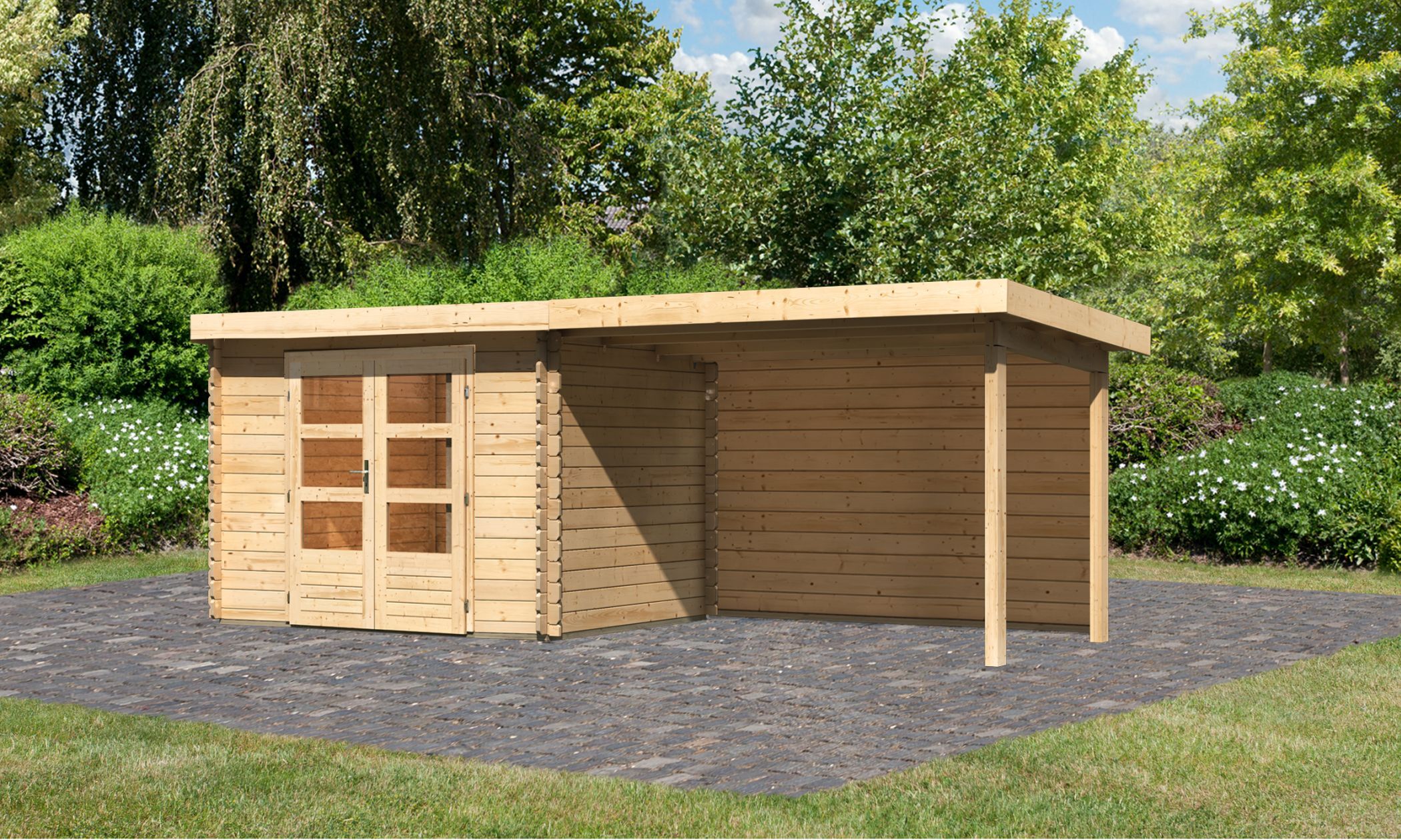 Gartenhaus Bastrup 3 (300 kg Schneelast) naturbelassen mit 3,2 m Anbaudach und Rückwand / Lagerabverkauf