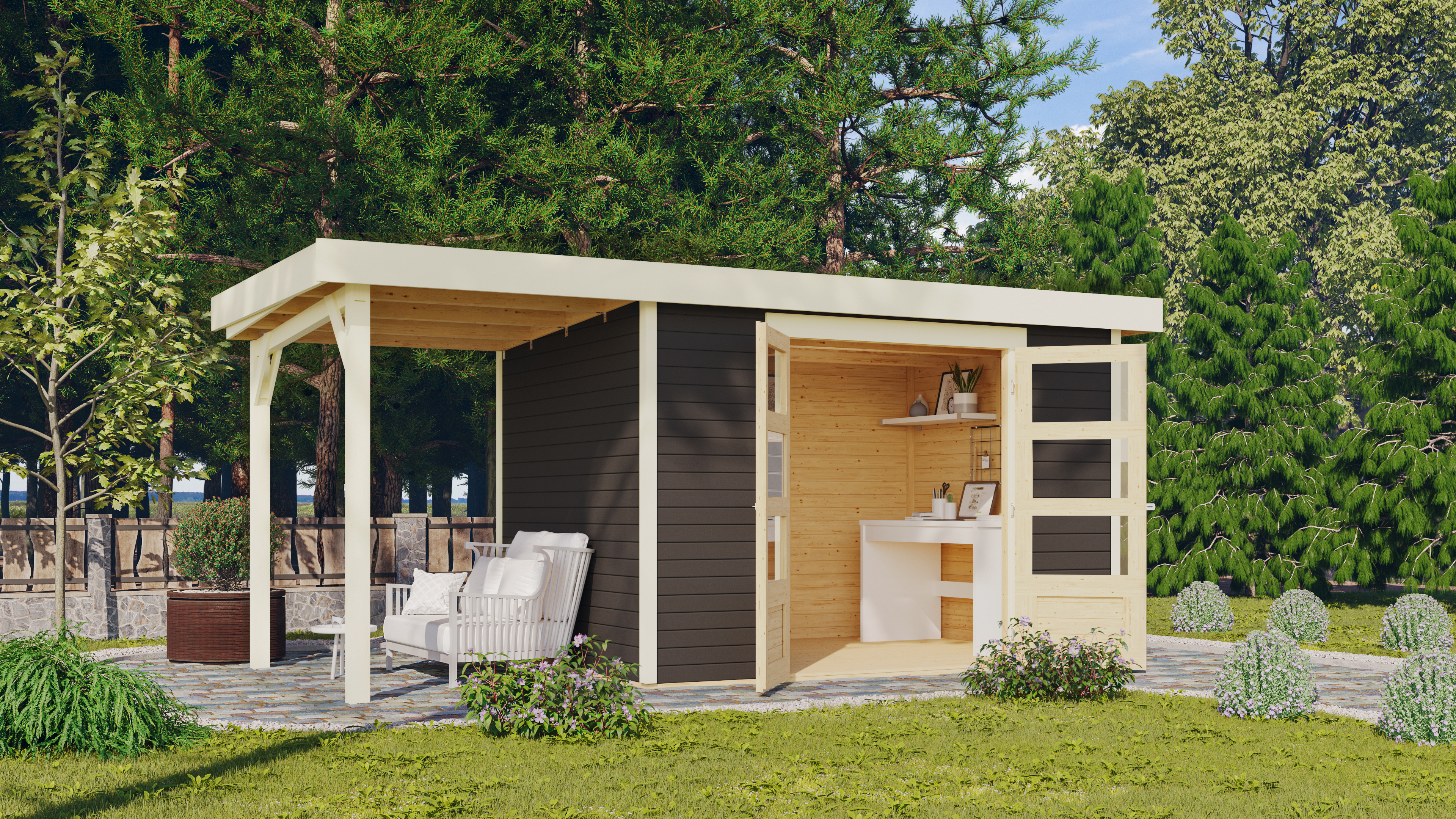 Gartenhaus Askola 4 mit 1,5 Meter Anbaudach terragrau / Lagerabverkauf