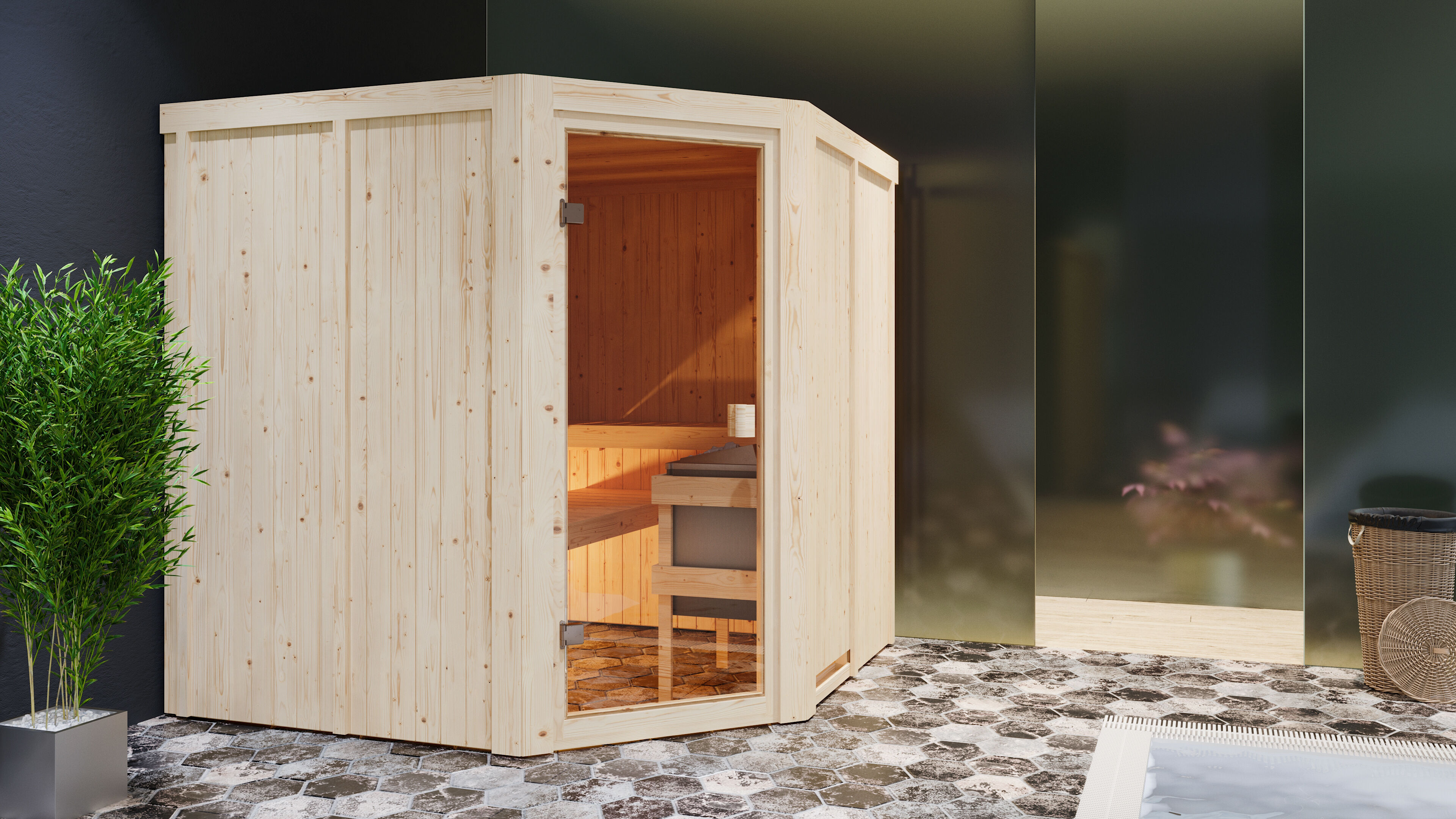 Sauna Hannah 2 im Sparset / 9kW Bio-Ofen mit HUUM Wifi Steuerung