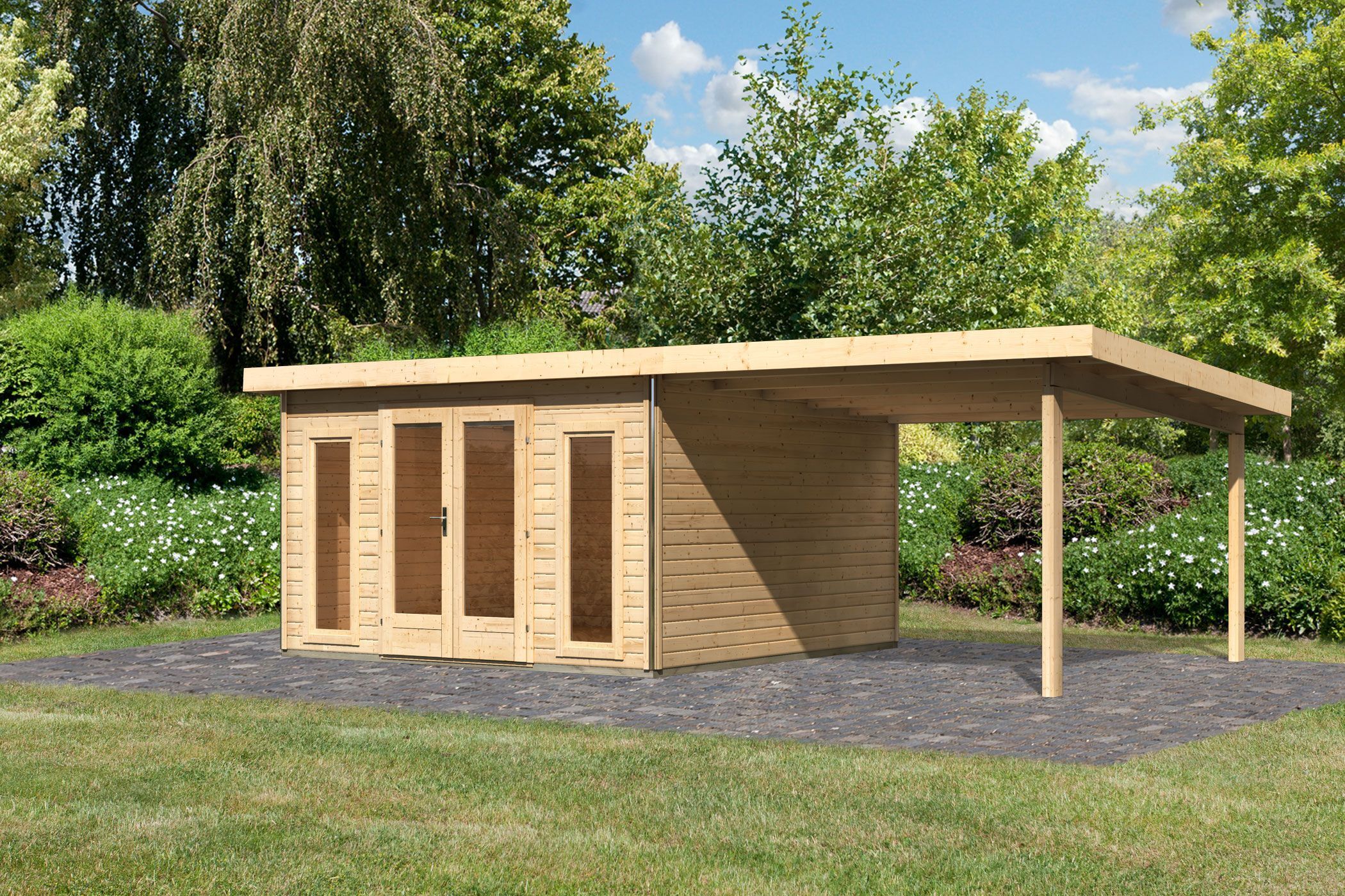 Gartenhaus Radeburg 3 naturbelassen mit 3,3 Meter Anbaudach / Lagerabverkauf