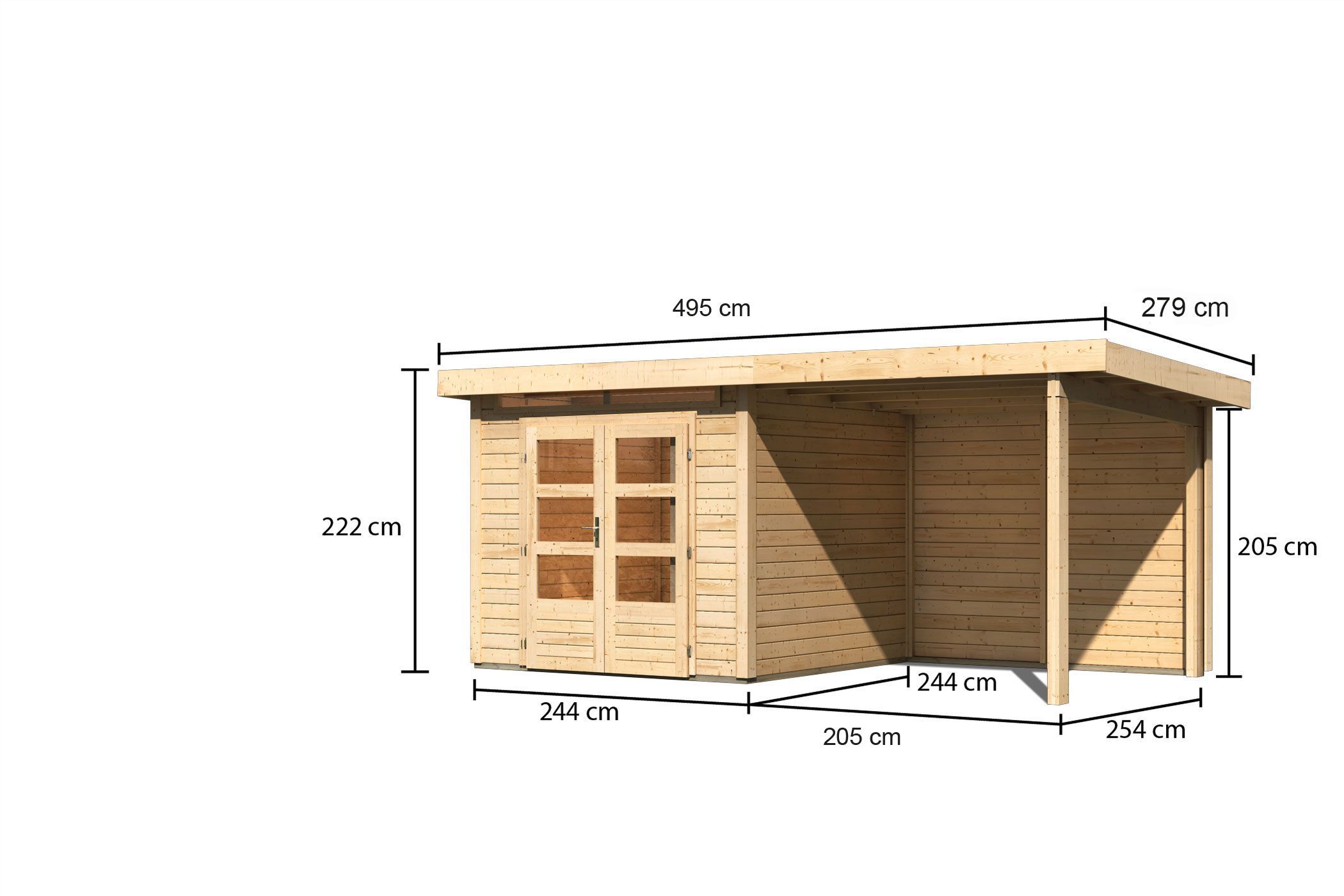 Gartenhaus Kandern 3 naturbelassen mit 2,35 m Anbaudach und Rückwand / Lagerabverkauf