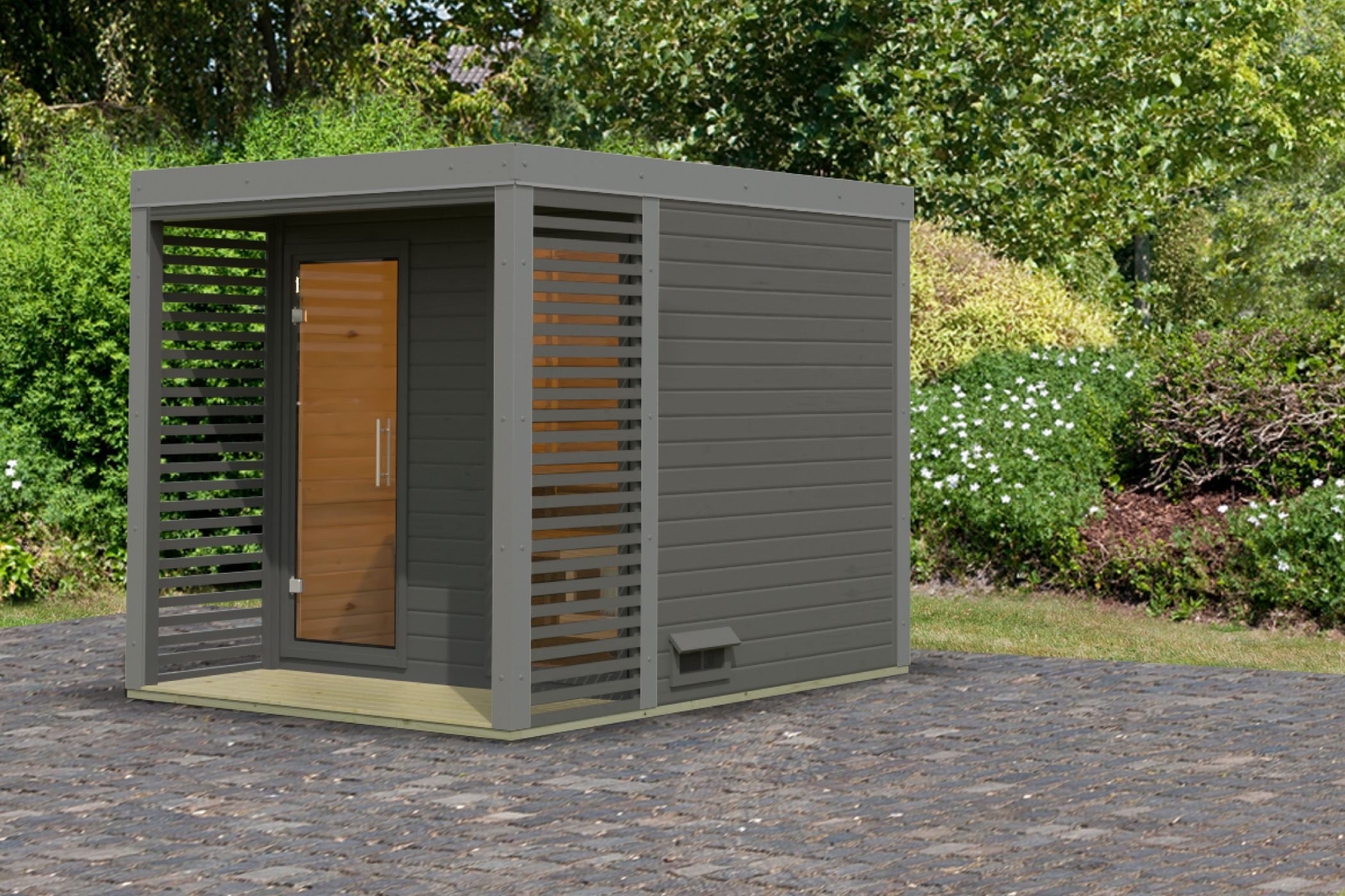 Saunahaus Ares 2 terragrau /  Metall: staubgrau / Lagerabverkauf