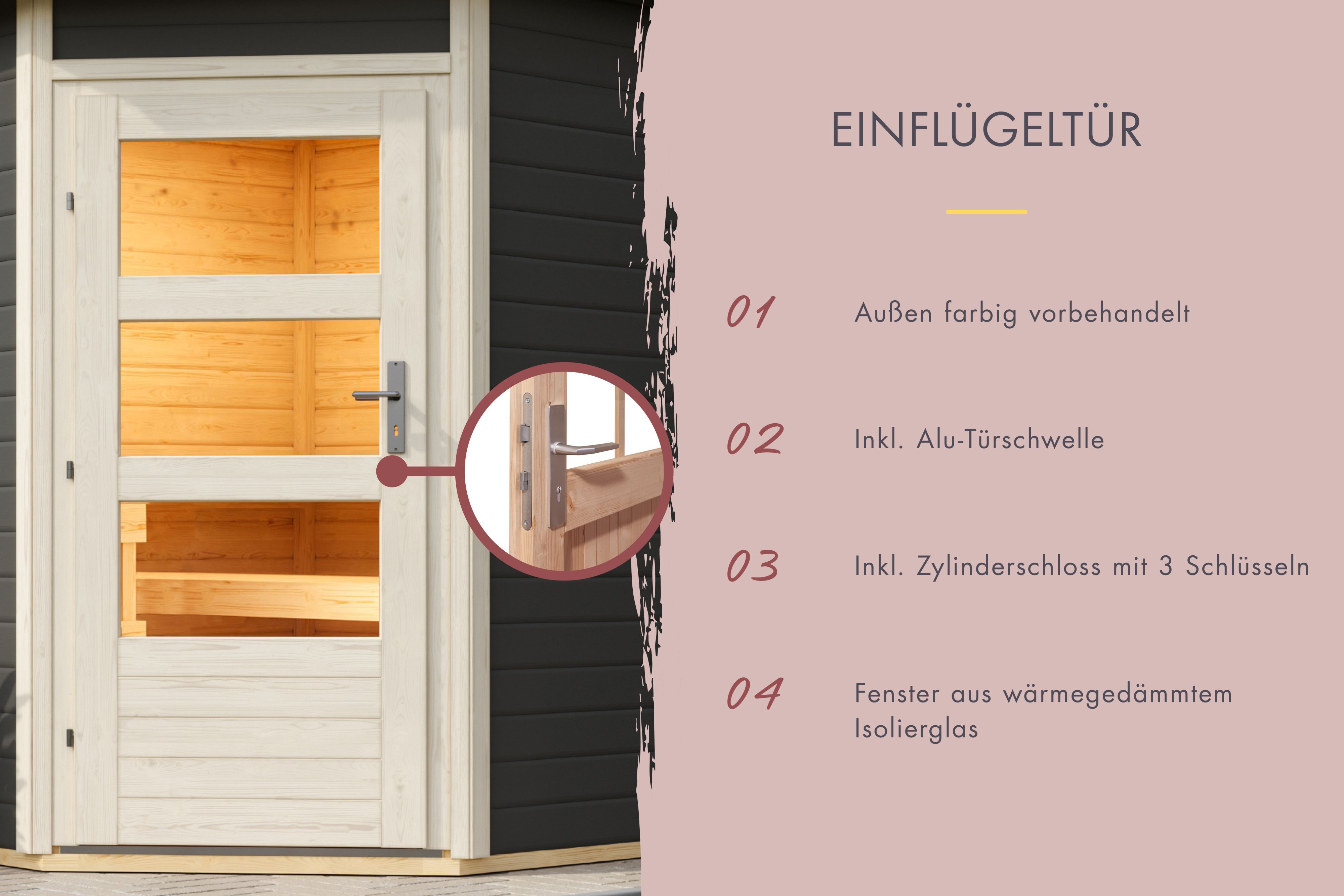 Saunahaus Pekka terragrau mit moderner Tür / Lagerabverkauf