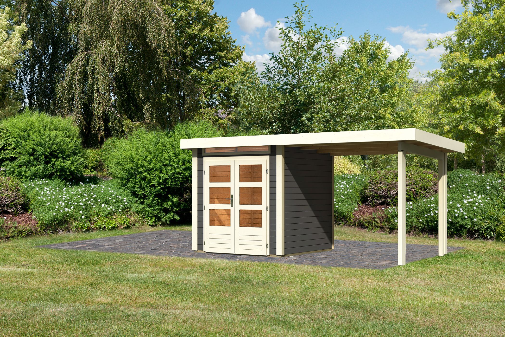 Gartenhaus Kandern 1 terragrau mit 2,35 m Anbaudach / Lagerabverkauf