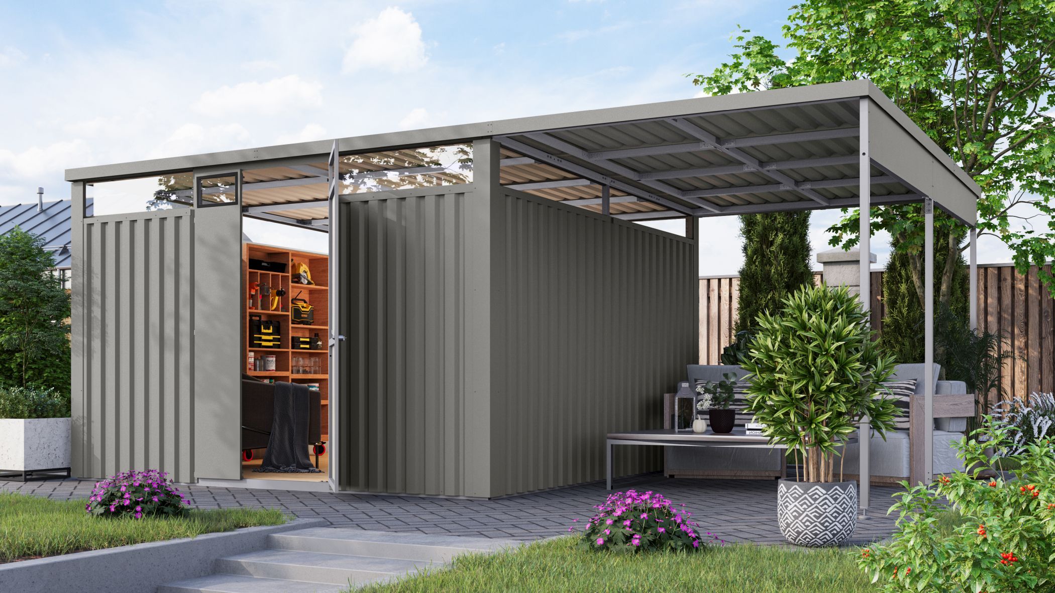 Metallhaus Østen 3,5 im Set mit Anbaudach 2,25 m graualuminium / Lagerabverkauf