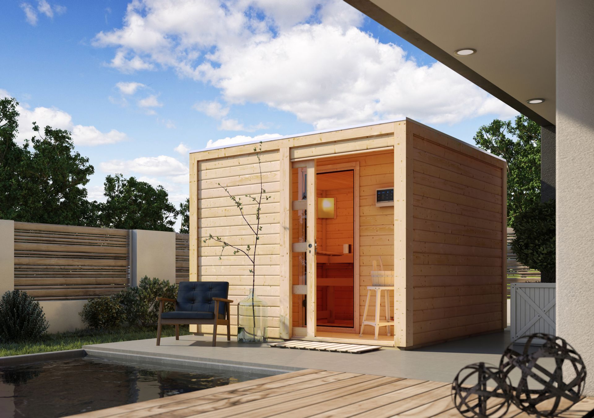 Karibu Gartensauna "Saunahaus Cuben mit Vorraum" 5 Personen Natur 9 kW