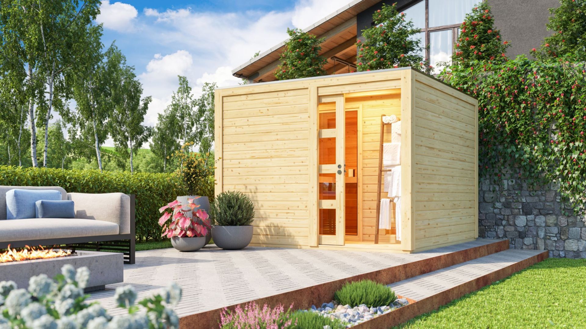 Karibu Gartensauna "Saunahaus Cuben mit Vorraum" 5 Personen Natur 9 kW ...