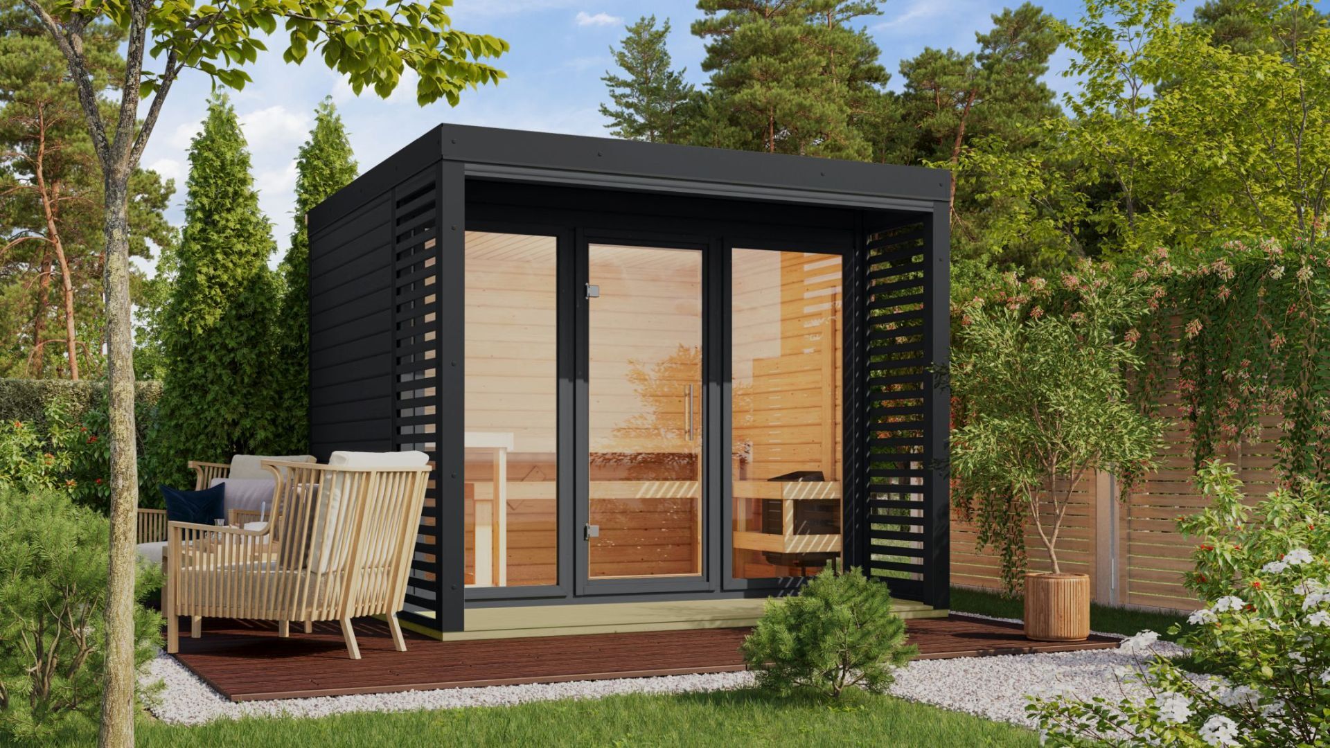 Karibu Gartensauna "Saunahaus Ares 3" 5 Personen Anthrazit ohne Ofen