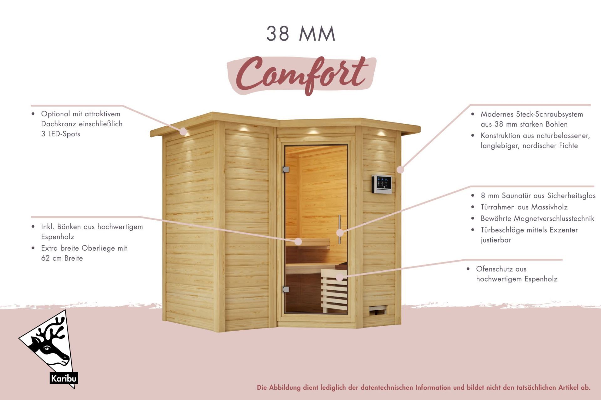 Karibu Massivholzsauna "Sauna Mojave" 6 Personen 9 kW Ofen (finnisch